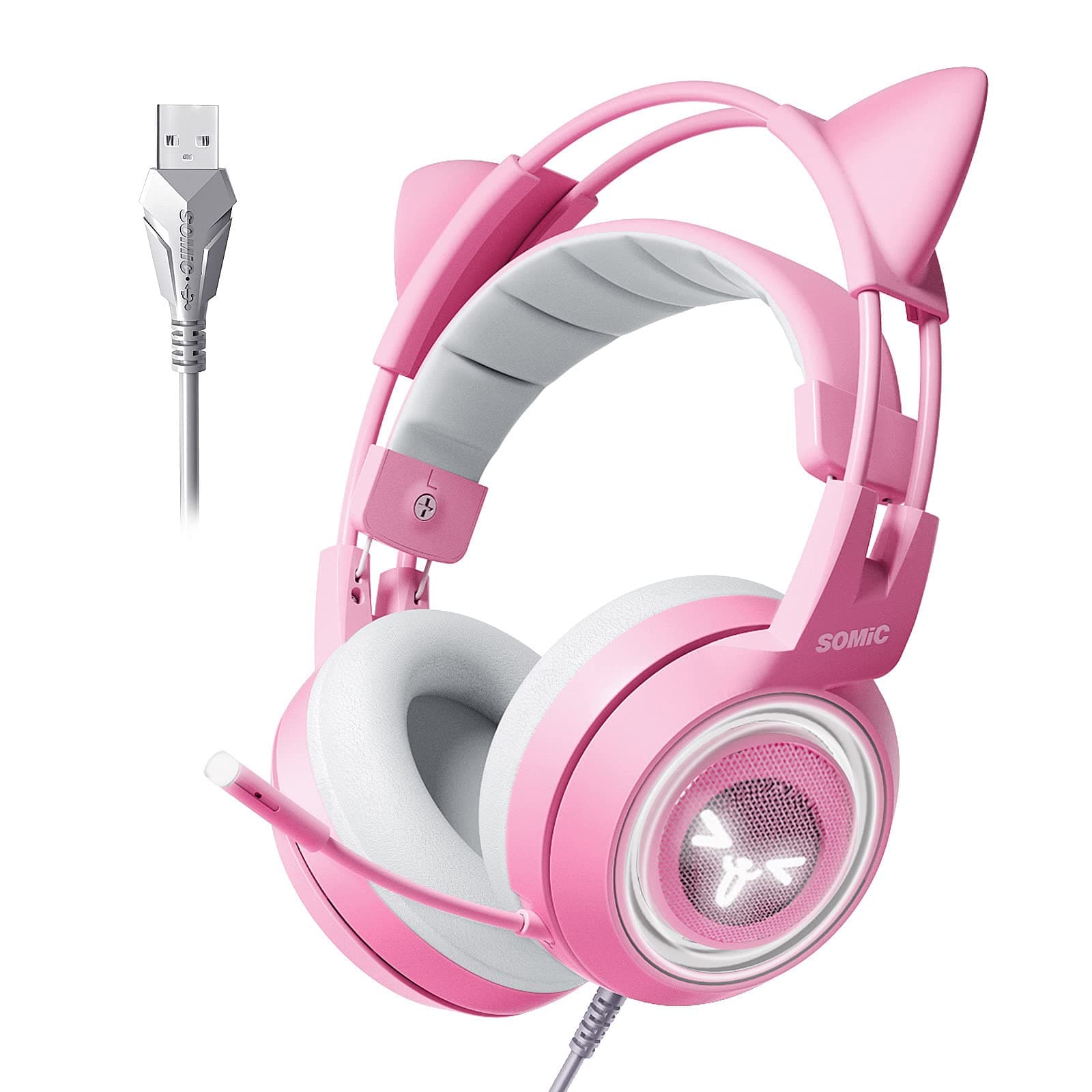 SOMIC G951pink Gaming Headset for PC, PS4, PS5, Laptop, Cat Ear Headphone USB Gaming Headphones with Mic Noise Cancelling, LED Light, 7.1 Virtual S...