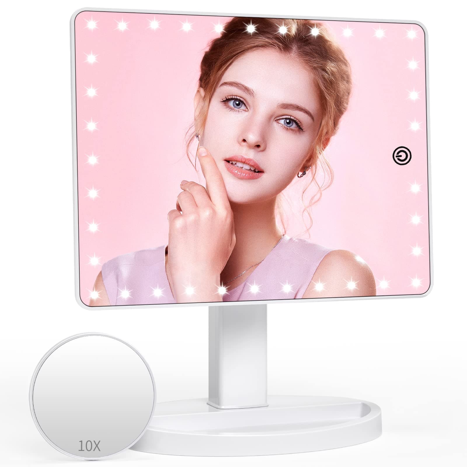 Large Lighted Makeup Mirror (X-Large), Makeup Vanity Mirror with 35 LED Lights and 10X Magnification, Touch Sensor Dimming, Dual Power Supply, 360°...