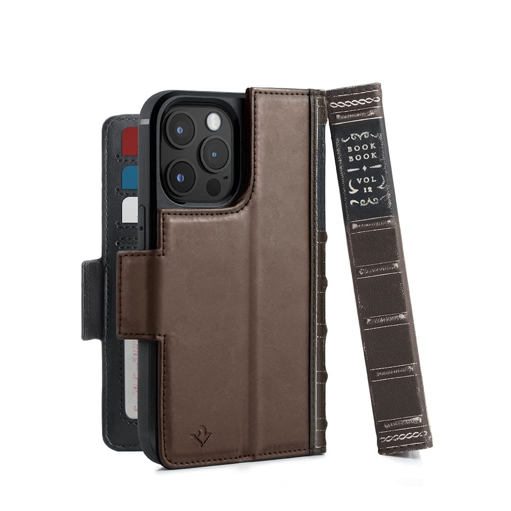 Twelve South BookBook for iPhone 13 Pro Max | MagSafe Compatible 3-in-1 Leather Wallet Case with Display Stand/Removable Magnetic Shell (Brown)
