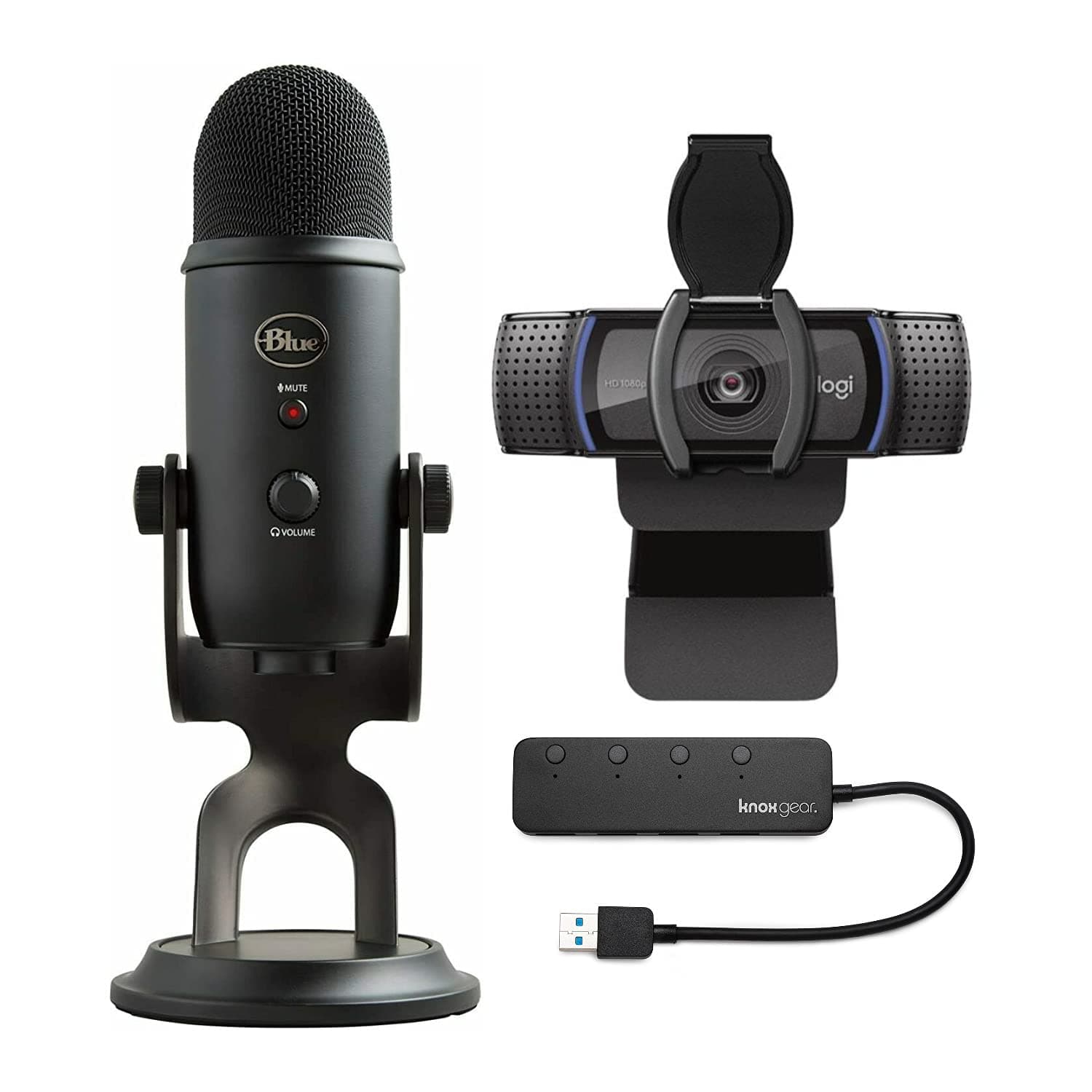 Blue Microphone Yeti USB Microphone Blackout Bundle with Logitech C920S Pro HD Webcam and Knox Gear 4-Port USB Hub (3 Items)
