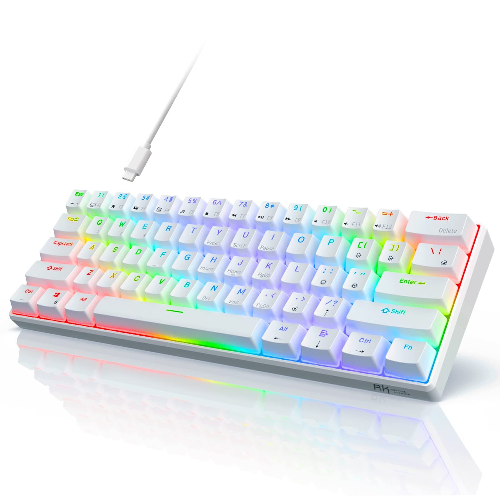 RK ROYAL KLUDGE RK61 Wired 60% Mechanical Gaming Keyboard RGB Backlit Ultra-Compact Hot-Swappable Blue Switch White