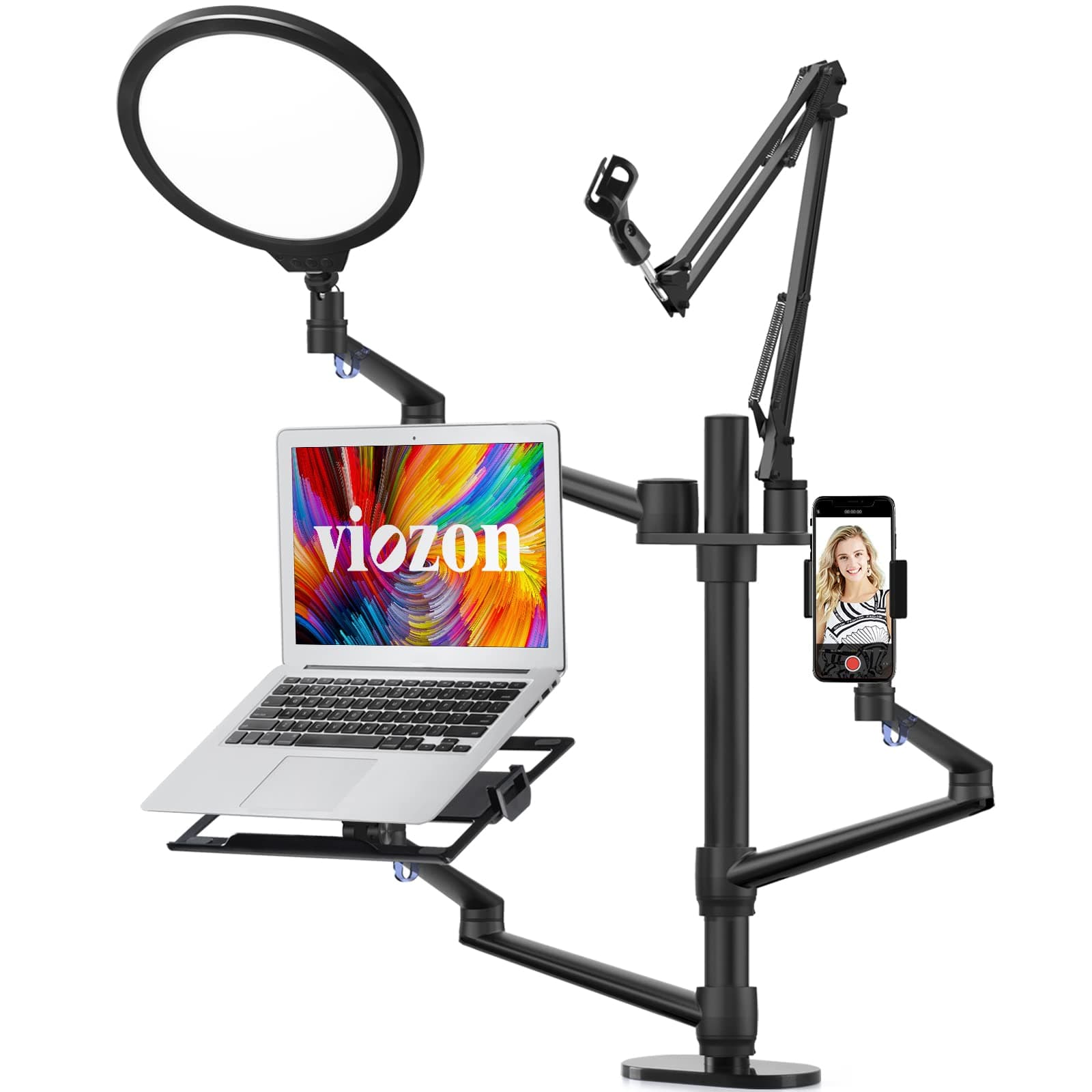 Viozon Selfie Desktop Live Stand Set 6-in-1 10" LED Ring Light Microphone Mount Compatible with 12-17" laptop/17-32'' monitor/7-13 ...