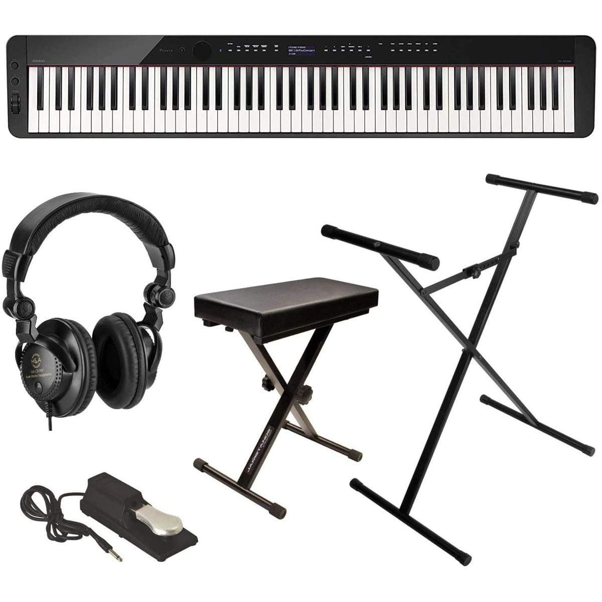 Casio Privia PX-S3000 88-Key Digital Piano (Black), Bundle with Bench, Stand, Sustain Pedal and H&A Studio Headphones