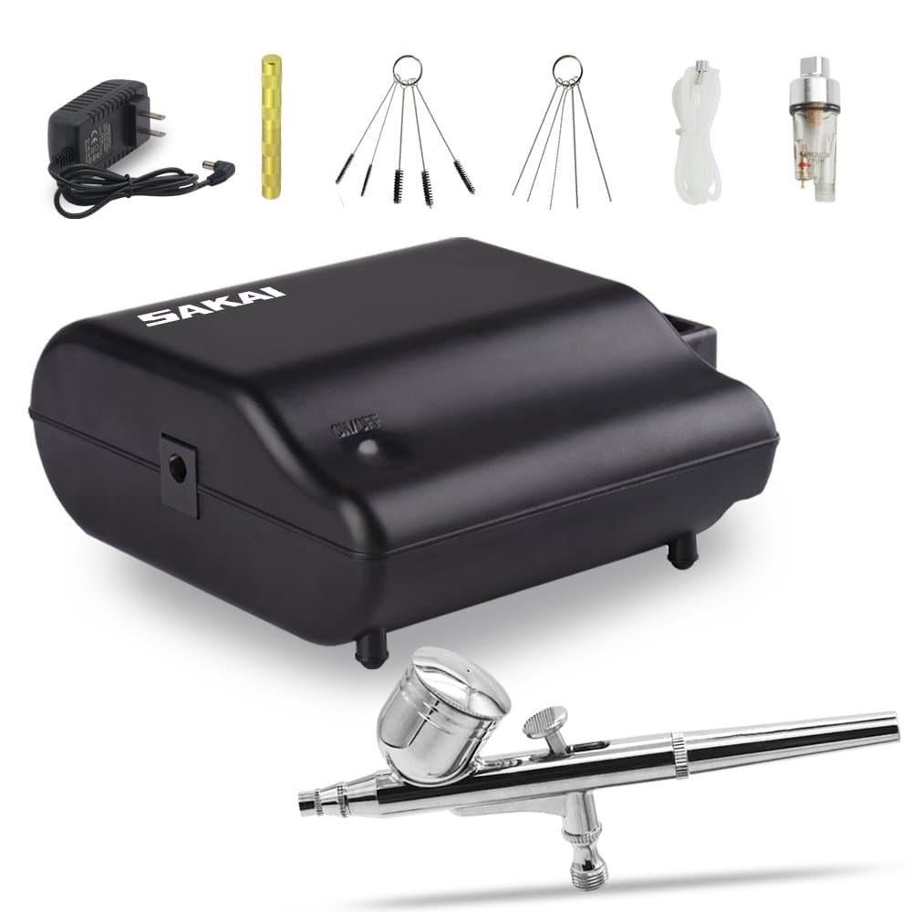 Sakai Dual Action Airbrush Kit Portable Air Compressor kit with Airbrush Cleaning Kit for Make up Art Painting Tattoo, Cake Decorating, Nail Beauty