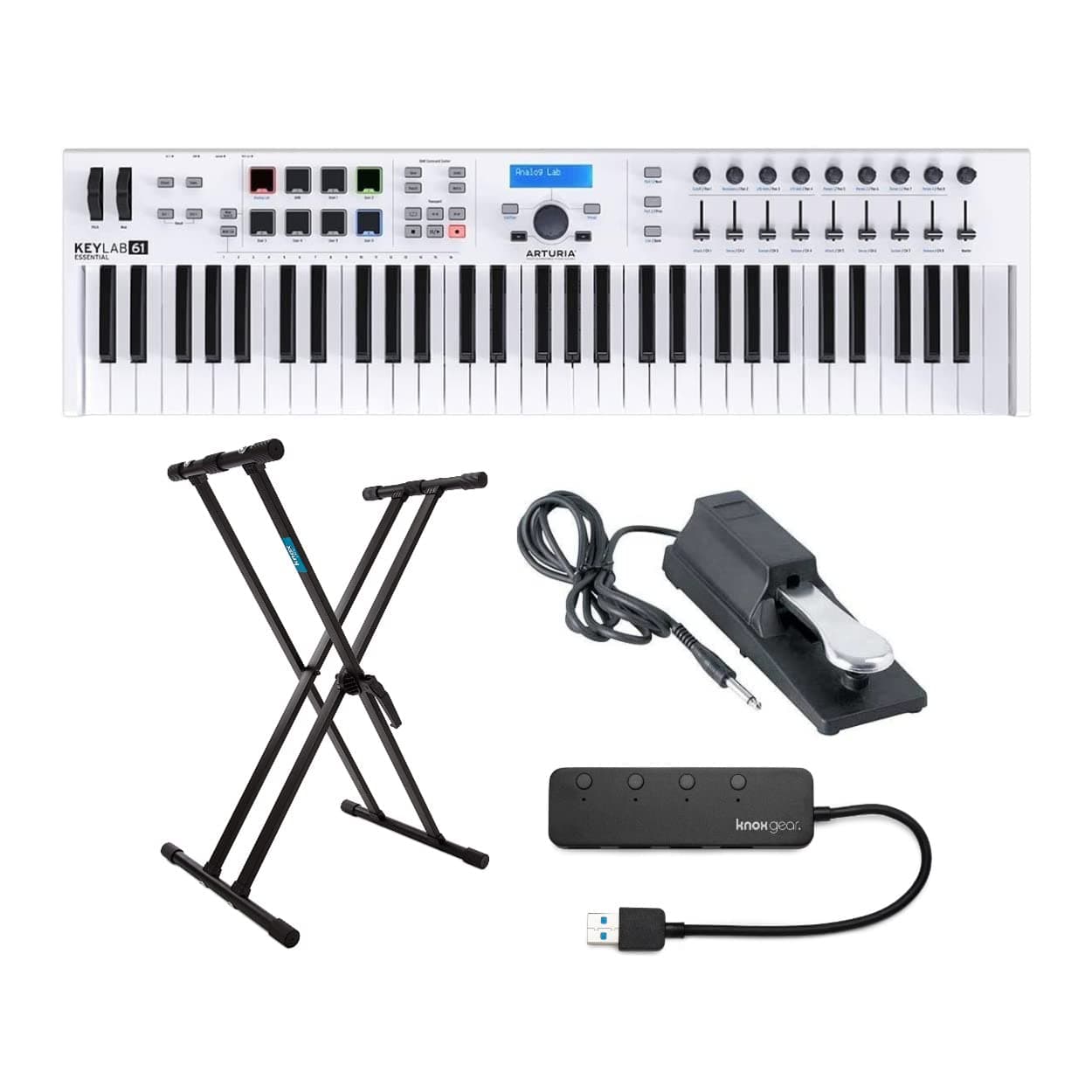 Arturia KeyLab Essential 61-Key MIDI Controller Keyboard Bundle with Sustain Pedal, Knox Gear Stand and 4-Port 3.0 USB Hub (4 Items)