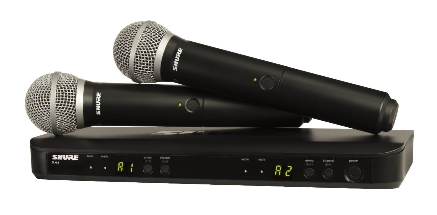 Shure BLX288/PG58 Wireless Microphone System for Two Performers with BLX88 Dual Channel Receiver and Two BLX2 Handheld Transmitters with PG58 Mic C...