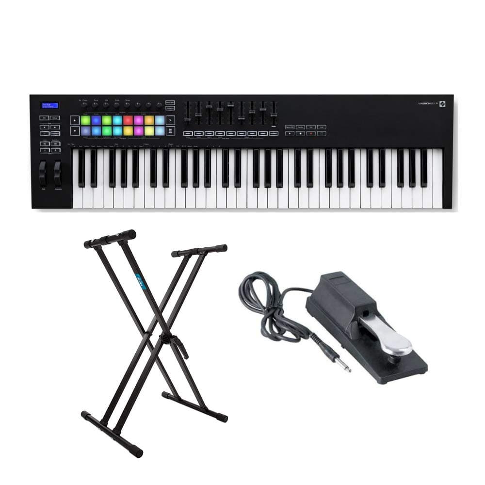 Novation Launchkey MK3 61-Key USB MIDI Keyboard Controller with Knox Gear Adjustable Double X Keyboard Stand and Sustain Pedal Bundle (3 Items)