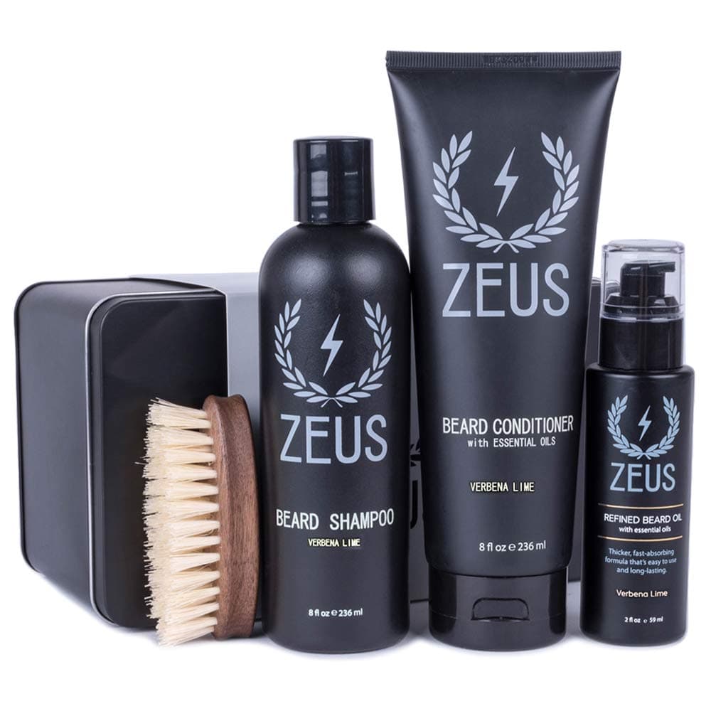 ZEUS 100% Vegan Beard Grooming Set - Vegan Formula Oil, Shampoo, and Conditioner with Natural Plant Fiber Bristle Brush (Verbena Lime)
