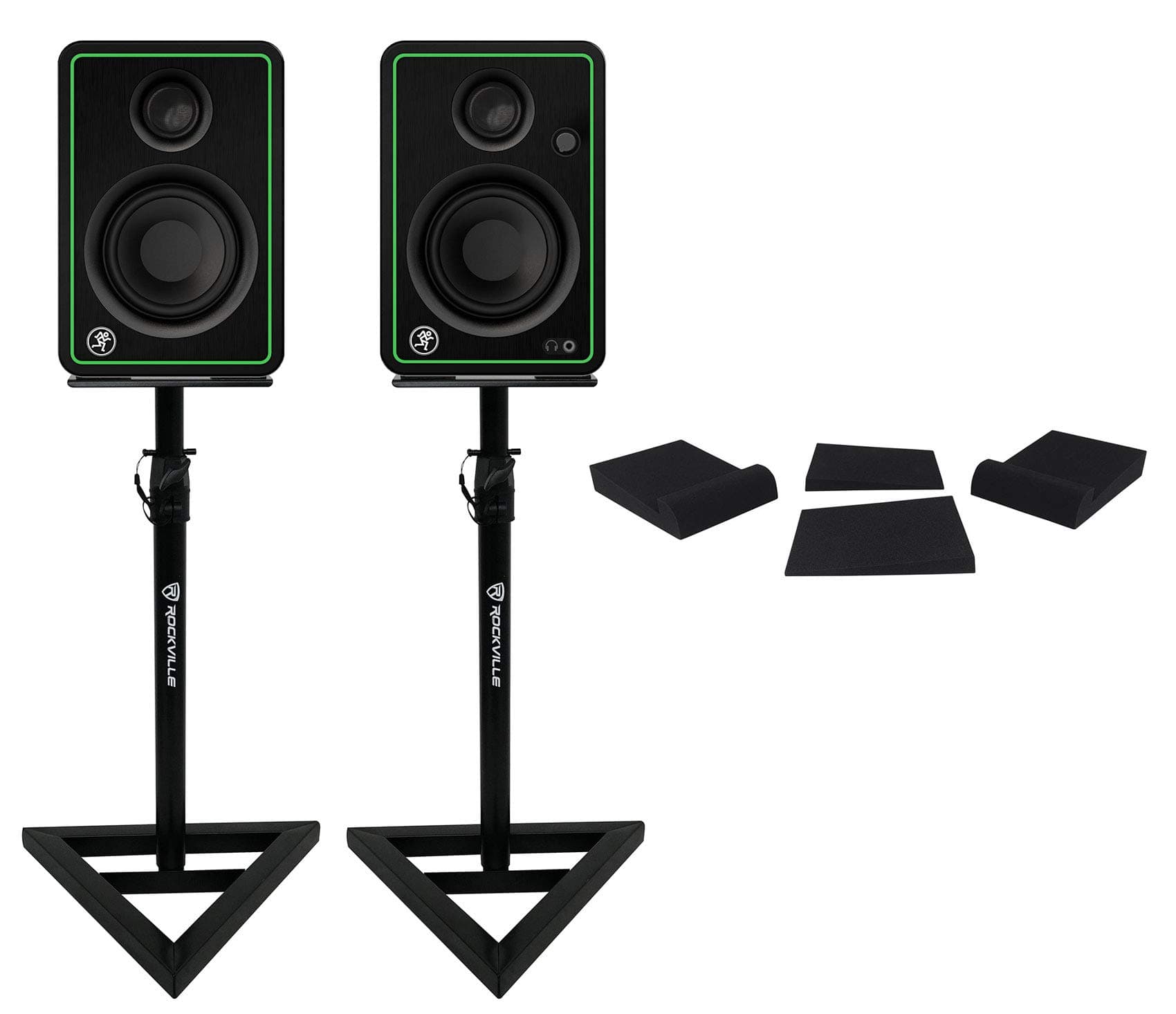 2) Mackie CR3-XBT 50w Monitors Speakers Bundle with Rockville RVSM1 Pair of Monitor Stands and Pair RRS190S Foam Isolation Pads