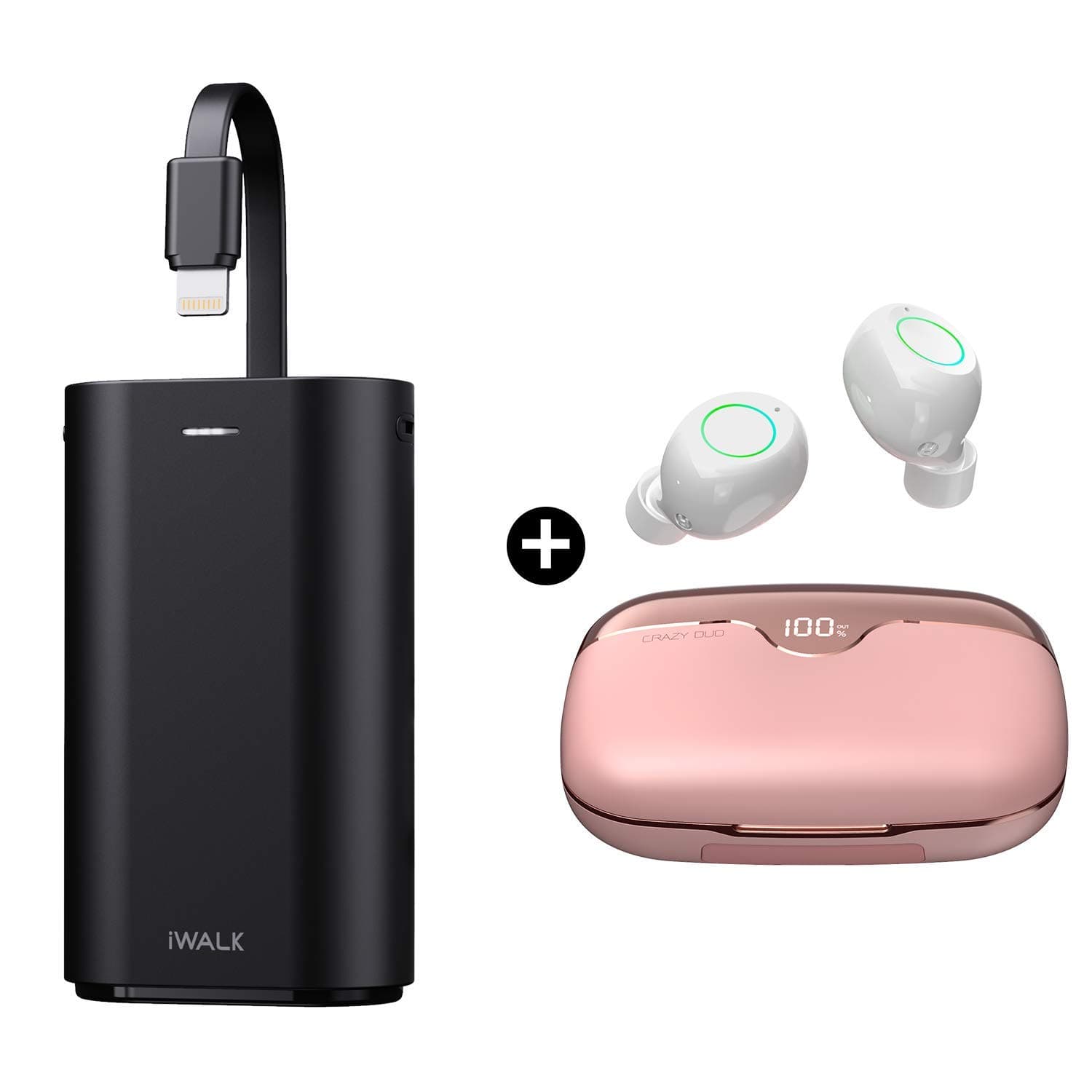 iWALK Portable Charger 9000mAh Ultra-Compact Power Bank with Built-in Cable and True Wireless Earbuds Bluetooth 5.0 with 2500mAh Charging Case