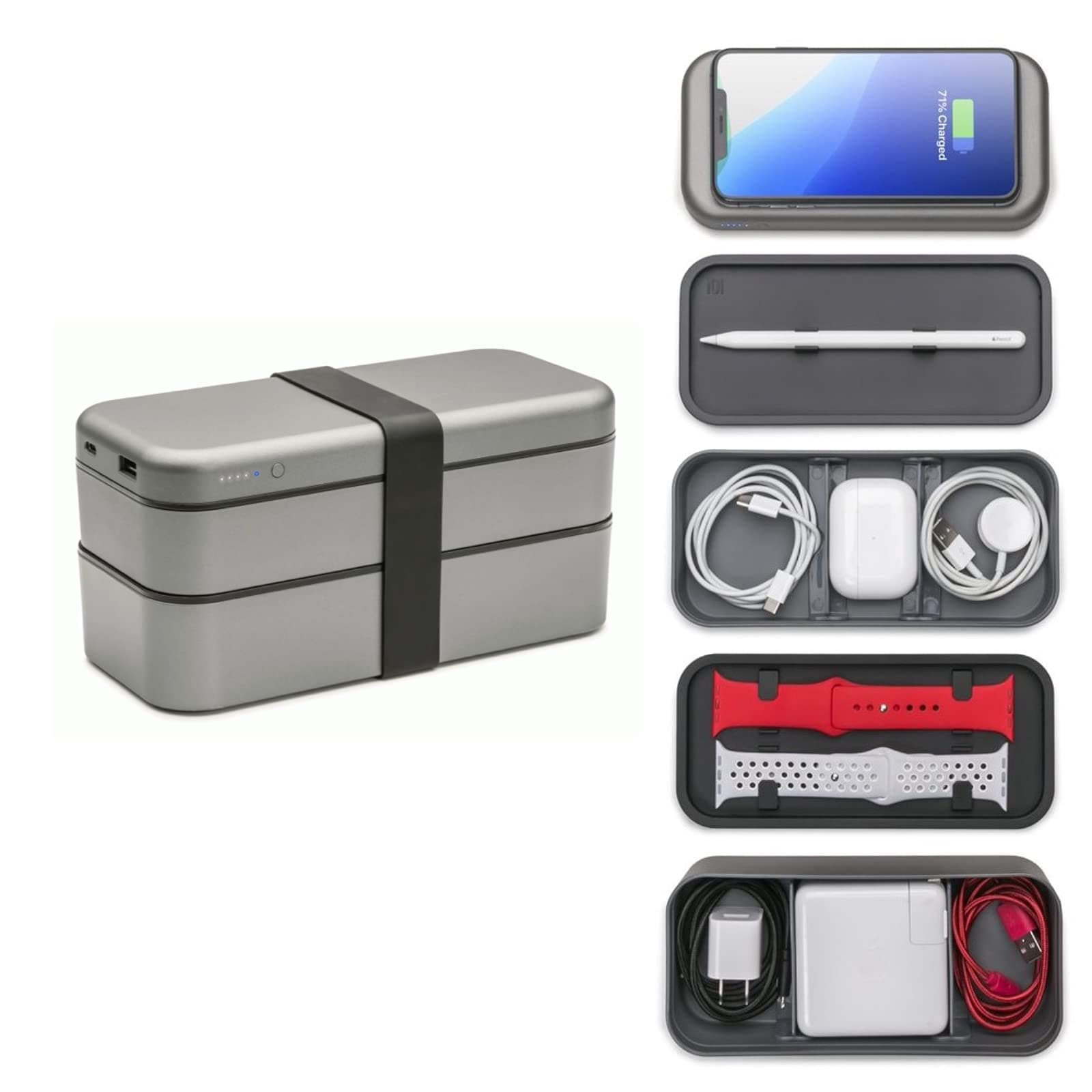 Function101 BentoStack Charge 5000 Accessory Travel Case, Desktop Organizer, Qi Wireless Charge Cover, and Power Bank, Compatible with Apple Produc...