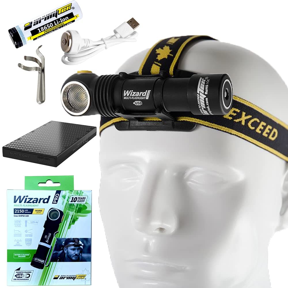 COMBO: Armytek Wizard Pro XHP50 (Warm) USB Magnet Rechargeable Headlamp -2150 Lumens w/Eco-Sensa 5000mAh Portable Lightweight Powerbank