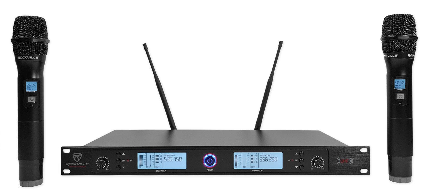 Rockville 200 Channel UHF Wireless Dual HandHeld Microphone Mic System (rwm3300ua)