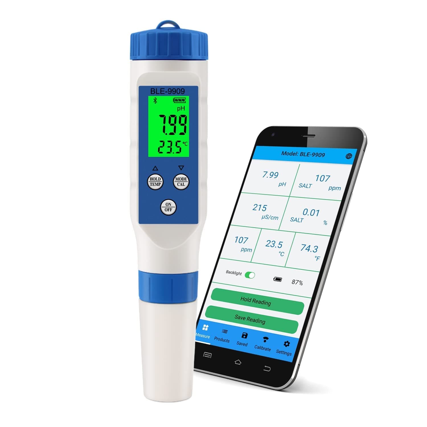 RCYAGO Bluetooth pH Meter, 5 in 1 TDS/EC/PH/Salinity/Temp Meter, Water Quality Monitor Tester for Pools, Hydroponics, Drinking Water, Aquariums