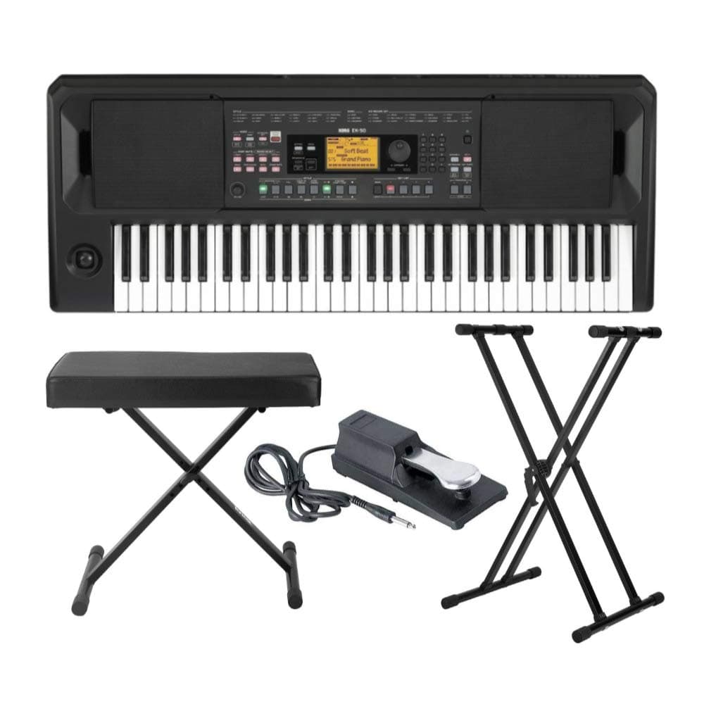 Korg EK-50 Entertainer Keyboard with Knox Adjustable X Style Keyboard Bench, Adjustable Keyboard Stand and Sustain Pedal Bundle (4 Items)