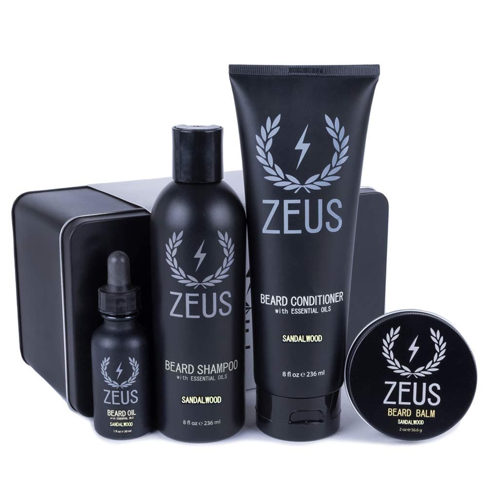 Zeus Men’s Everyday Beard Grooming Kit – Beard Shampoo & Conditioner, Beard Oil & Balm, Beard Wash, Smooth & Shiny Beard (Scent: Sandalwood)