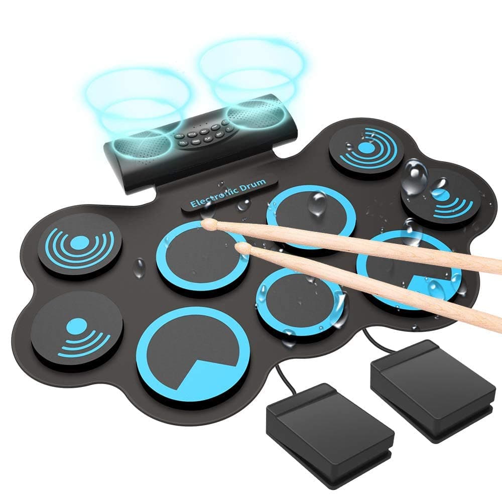 Momkhx 7 Pads Electronic Drum Set, Roll Up Drum Practice Pad Midi Drum Kit with Headphone Jack Built-in Speaker Drum Pedals Drum Sticks 10 Hours Pl...