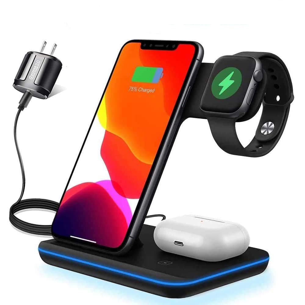 3 in 1 Wireless Charger, Upgraded Version Wireless Charging Station for Apple Watch 5/4/3/2/1 & AirPods,Wireless Charging Station 15W Qi Fast Charg...