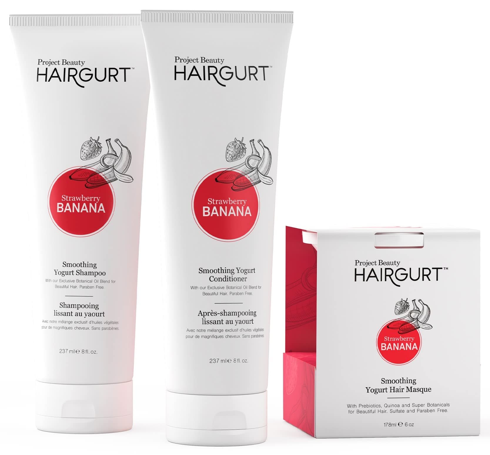 Hairgurt Smoothing Yogurt Hair Care 3-Piece Set - Strawberry-Banana - Natural Shampoo, Conditioner and Hair Mask, Hair Products Smooths Dry, Damage...