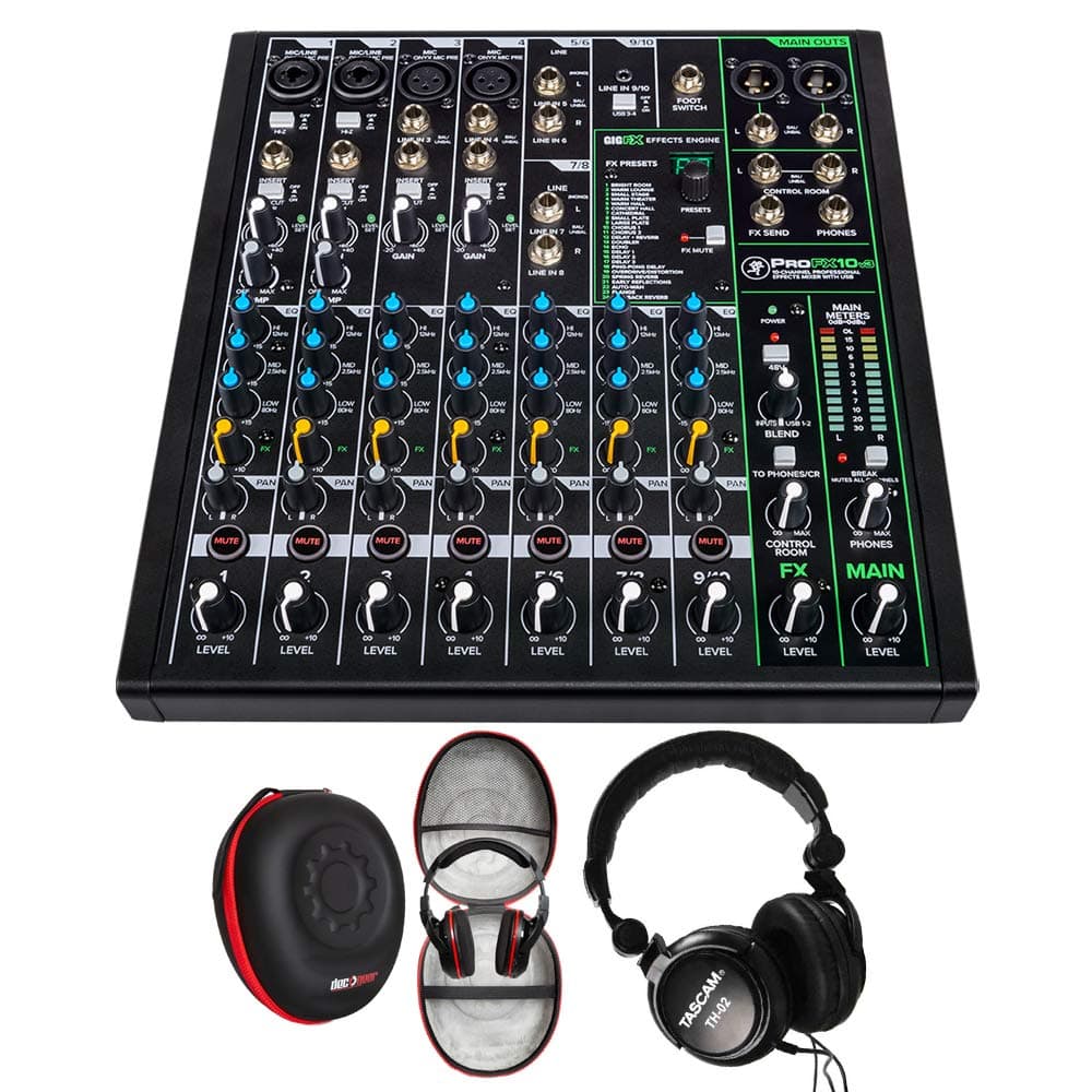 Mackie PROFX10V3 10 Channel Professional Effects Mixer with USB Bundle with Tascam Closed-Back Pro Headphones & Deco Gear Hard Case (3 Items)