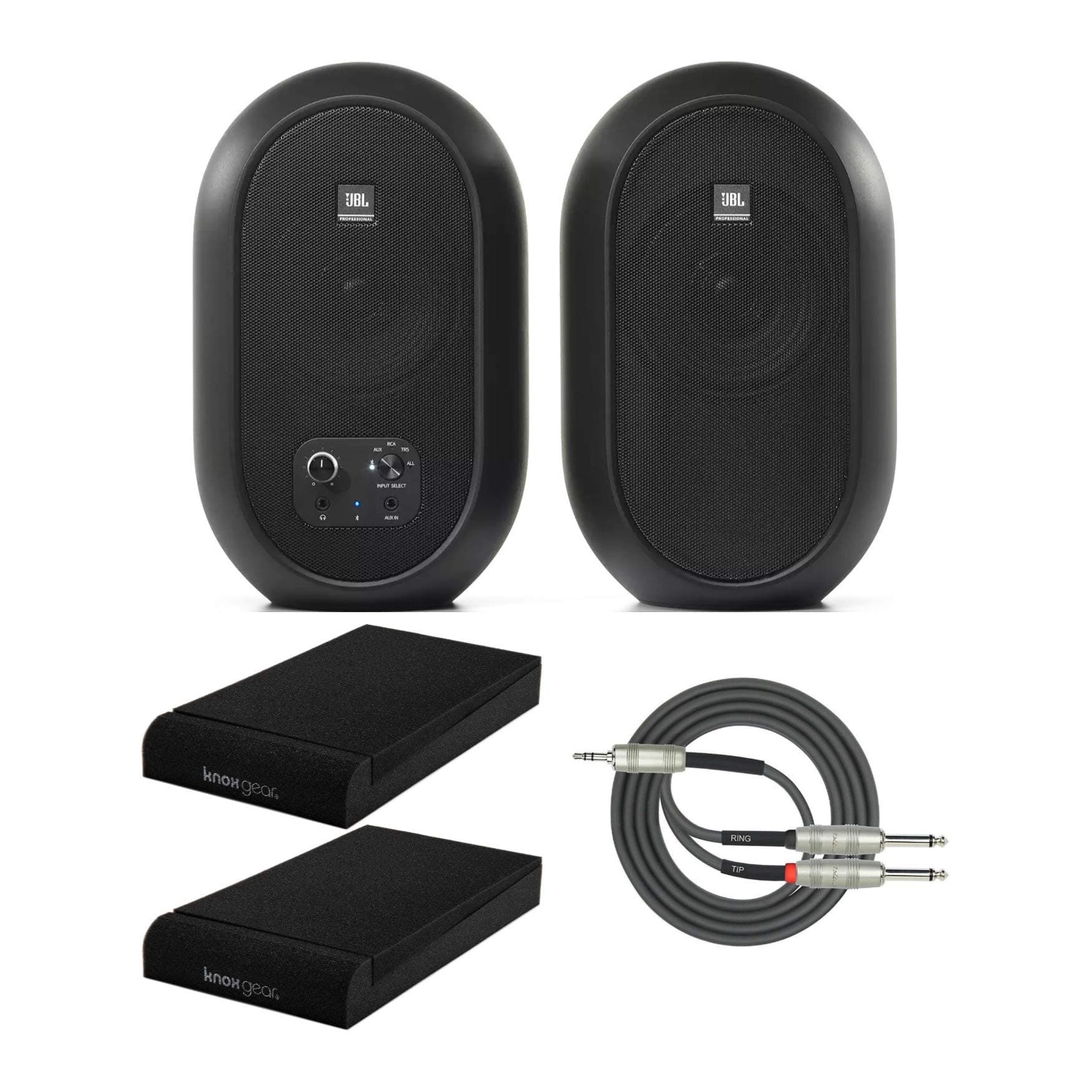 JBL 104-BT Compact Desktop Reference Bluetooth Monitors Bundle with Knox Gear Isolation Pads for 5-Inch Monitors and a 3.5mm to Dual 1/4-Inch TRS B...