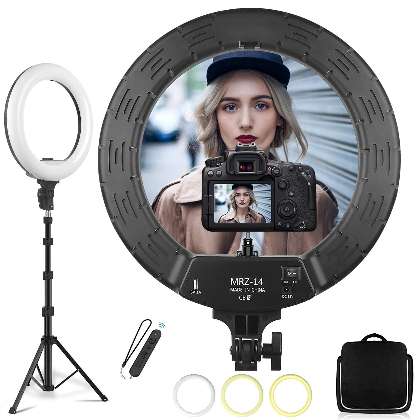 14" Selfie Ring Light for Photography/Makeup/TikTok/YouTube Video, 2.4G Wireless Remote and Multiple Lights Control, Dimmable Ring Light with E...