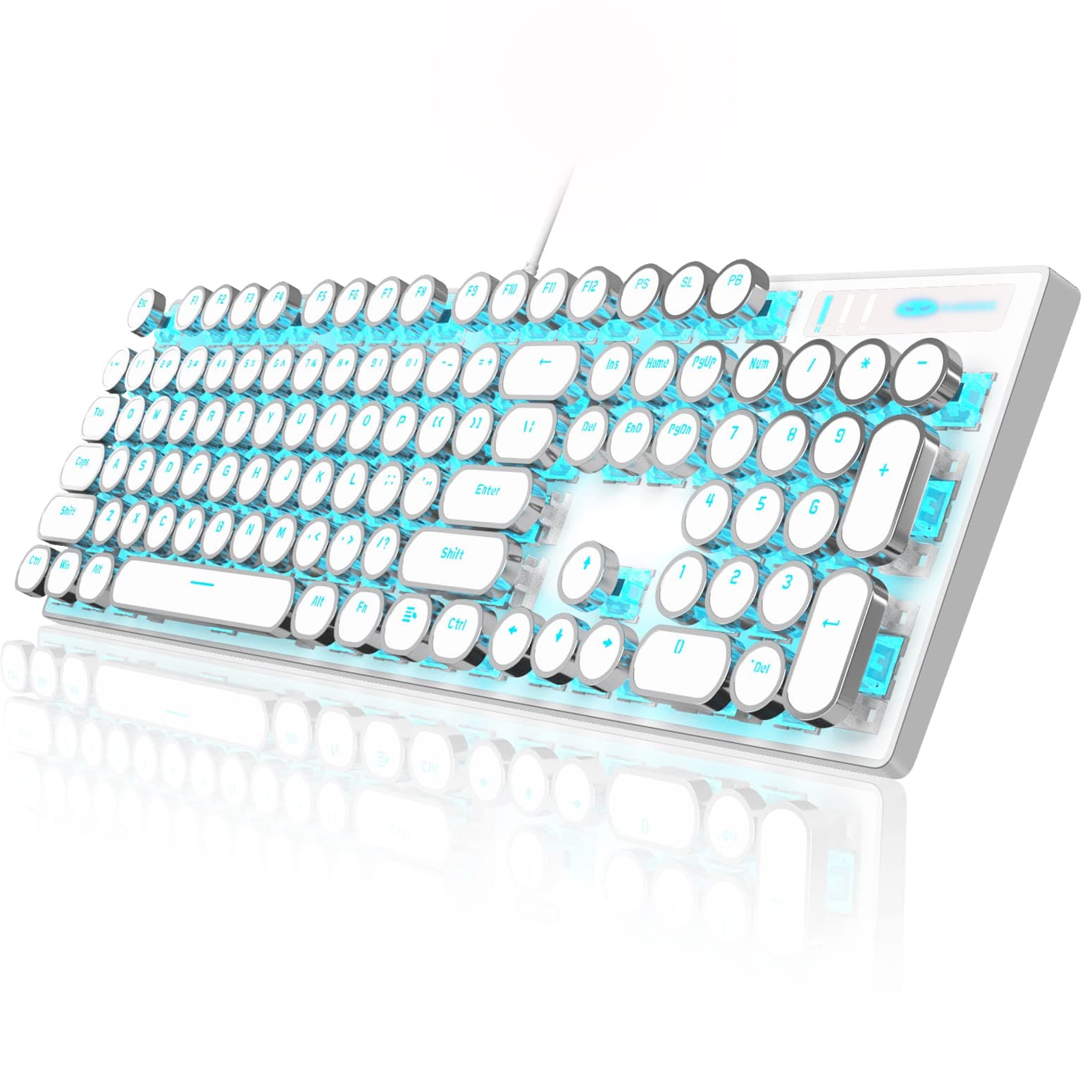 Typewriter Style Mechanical Gaming Keyboard, White Retro Punk Gaming Keyboard with Blue Backlit, 104 Keys Blue Switch Wired Cute Keyboard, Round Ke...