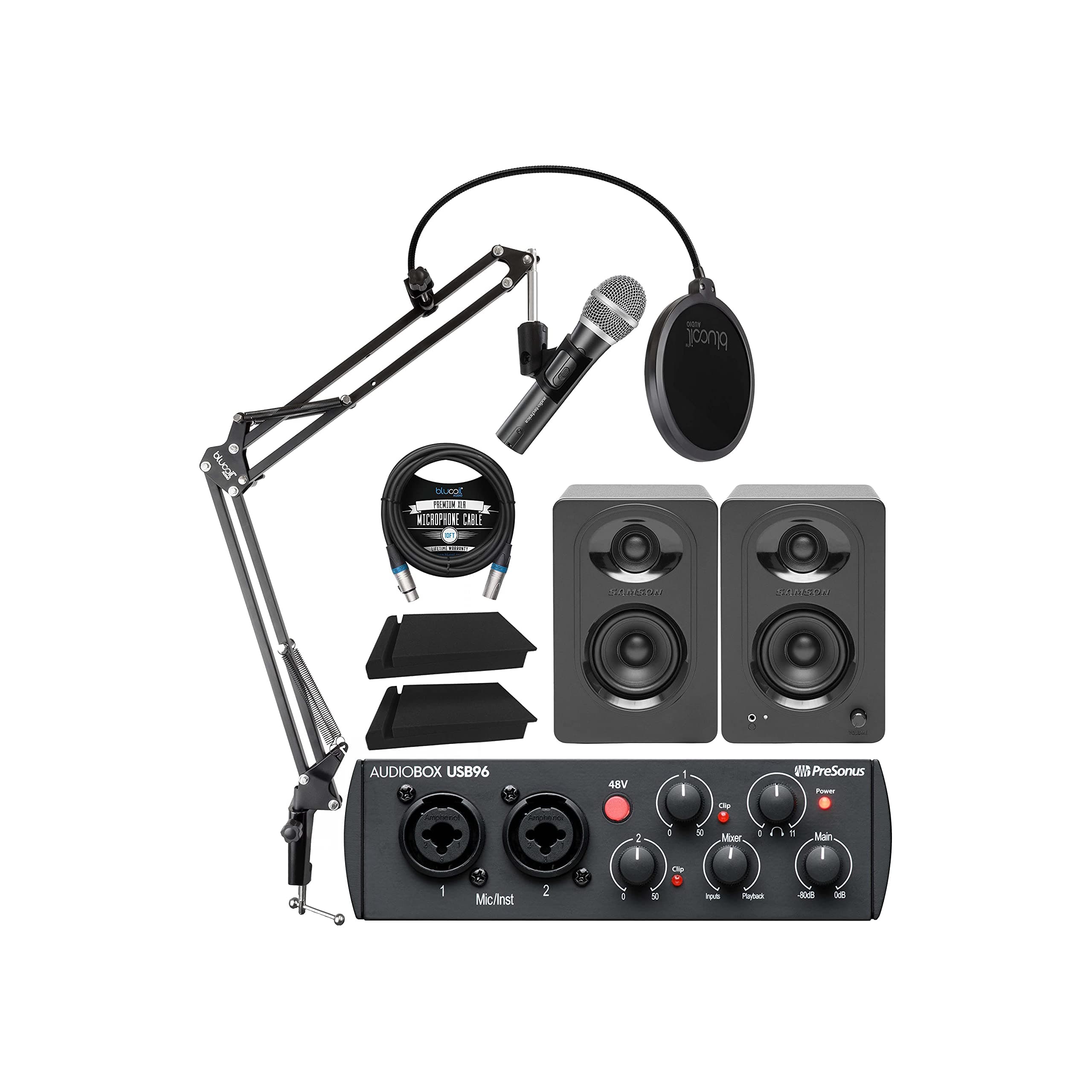 PreSonus AudioBox USB 96 25th Anniversary Audio Interface Bundle with Audio-Technica ATR2100X-USB Microphone, MediaOne M30 Monitors, Blucoil Boom A...