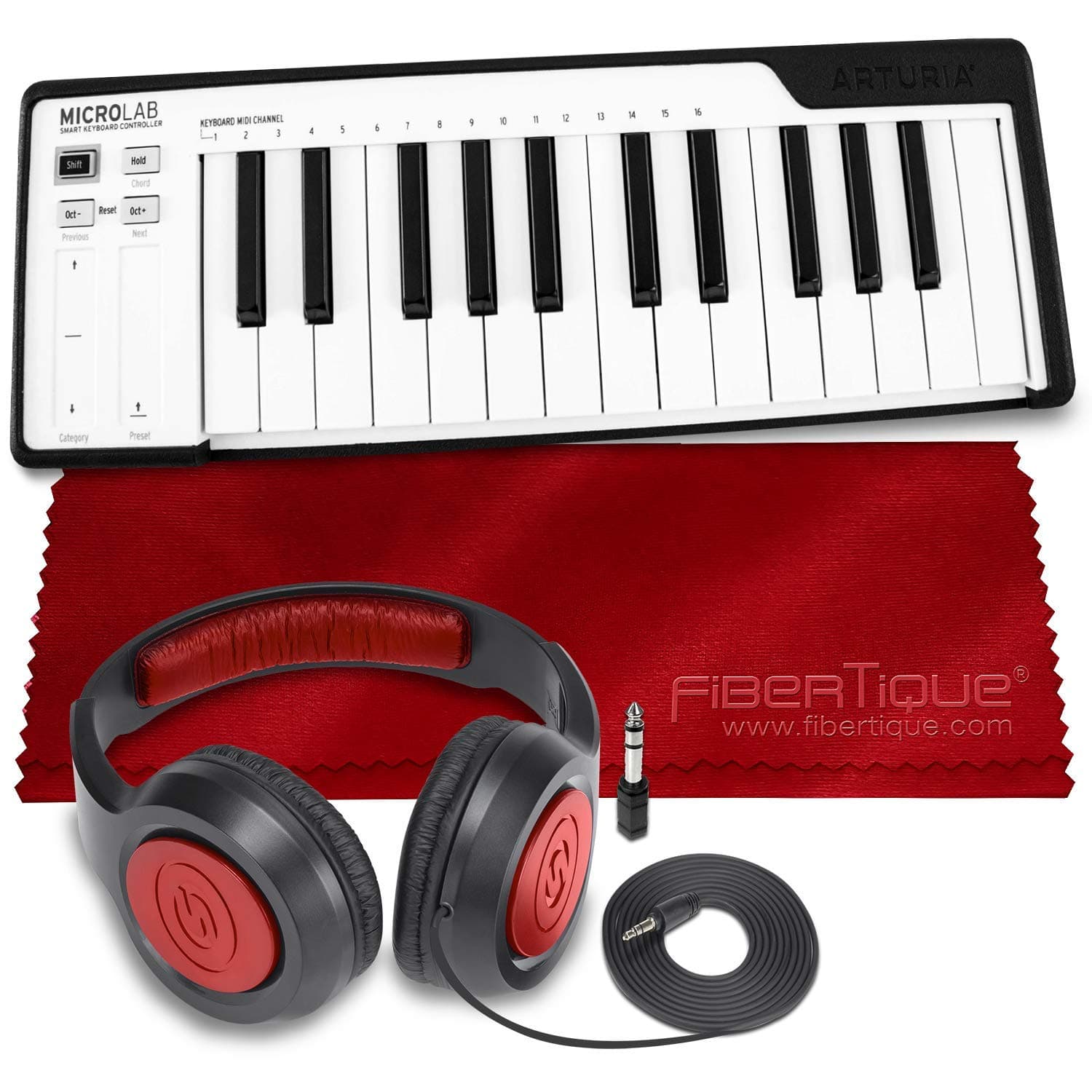 Arturia MicroLab Compact 25-Key USB-MIDI Controller (Black) + SR360 Over-Ear Dynamic Stereo Headphones & Fibertique Microfiber Cleaning Cloth