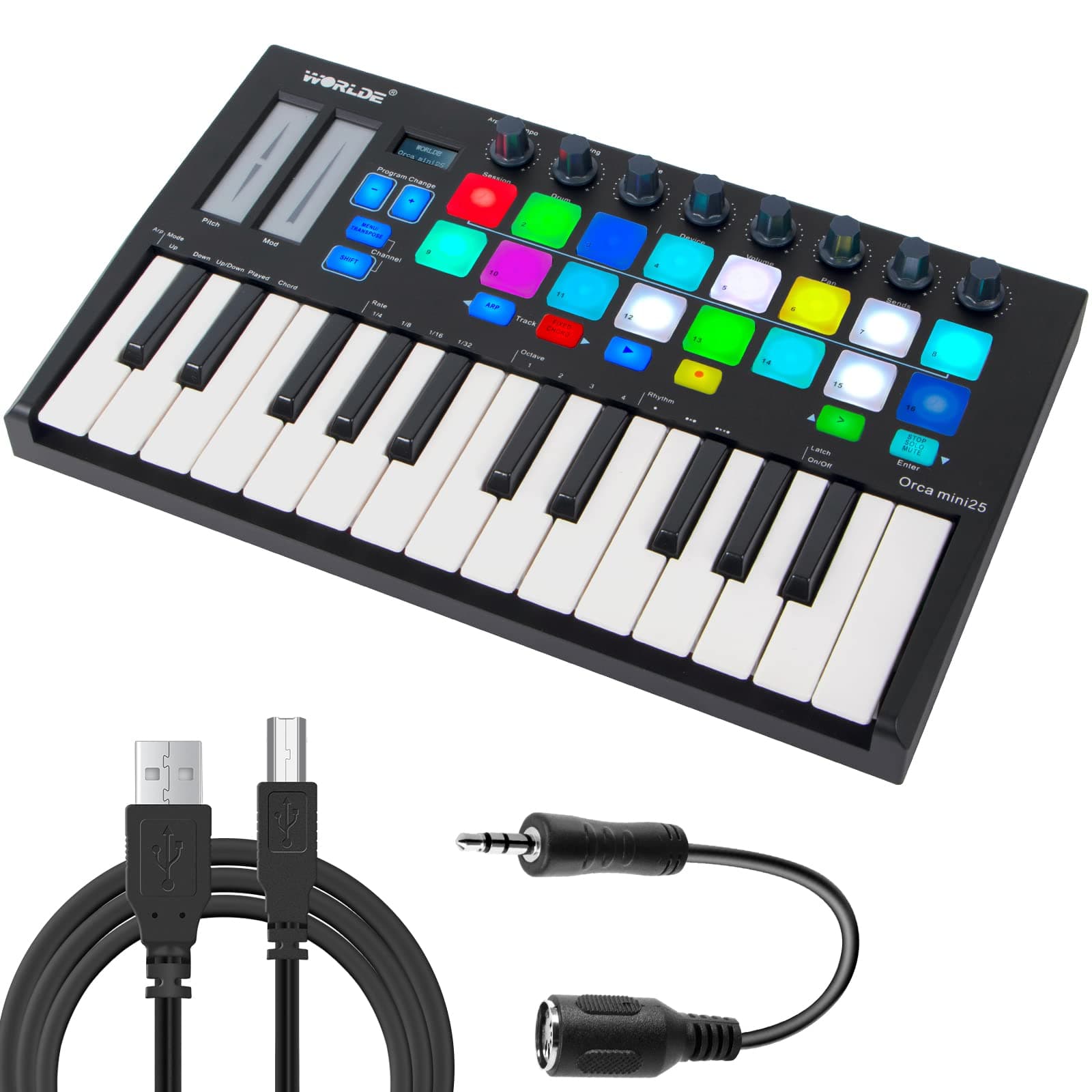 MIDI Controller, Lotkey Portable USB MIDI Keyboard Controller WORLDE 25 Key Music Production Equipment with 16 RGB Backlit Trigger Pads 8 Assignabl...