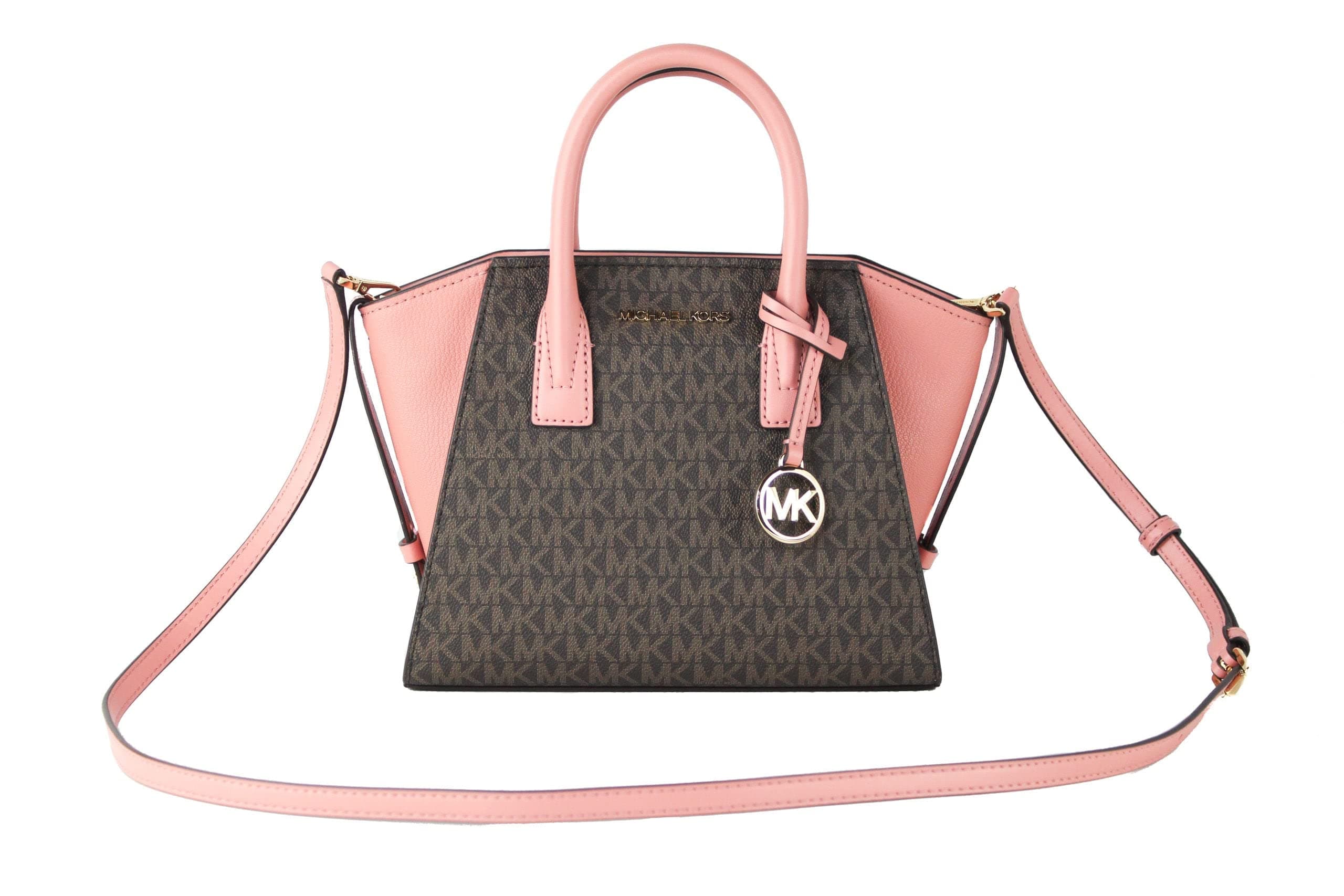 Michael Kors Avril Small Top Zip Satchel Handbag Sunset Rose Pink Brown MK Signature Print Logo