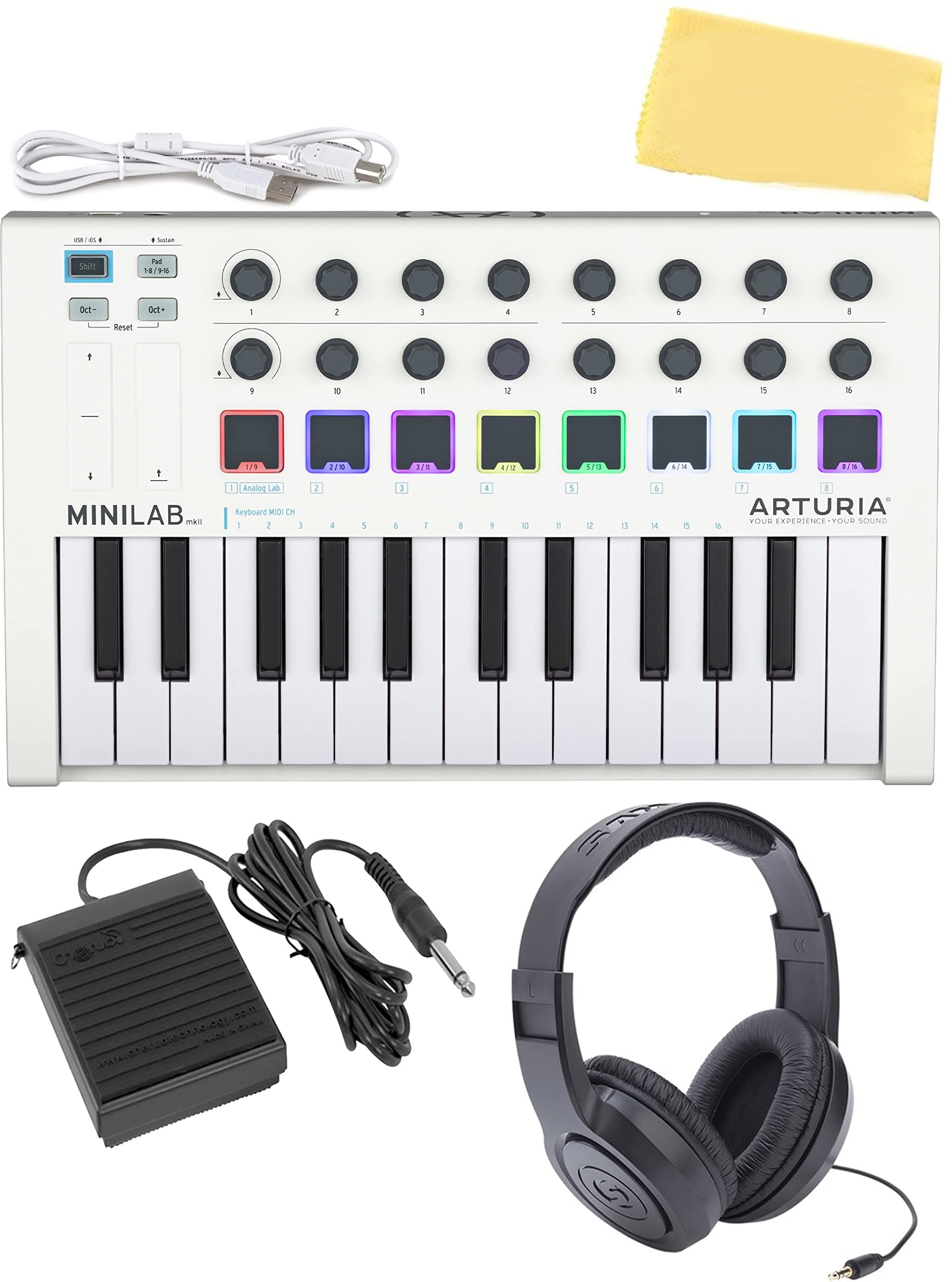 Arturia MiniLab MkII 25 25-note USB Mini Keyboard Controller Bundle w/USB Cable, Headphones, Deluxe Sustain Pedal, and Austin Bazaar Polishing Cloth