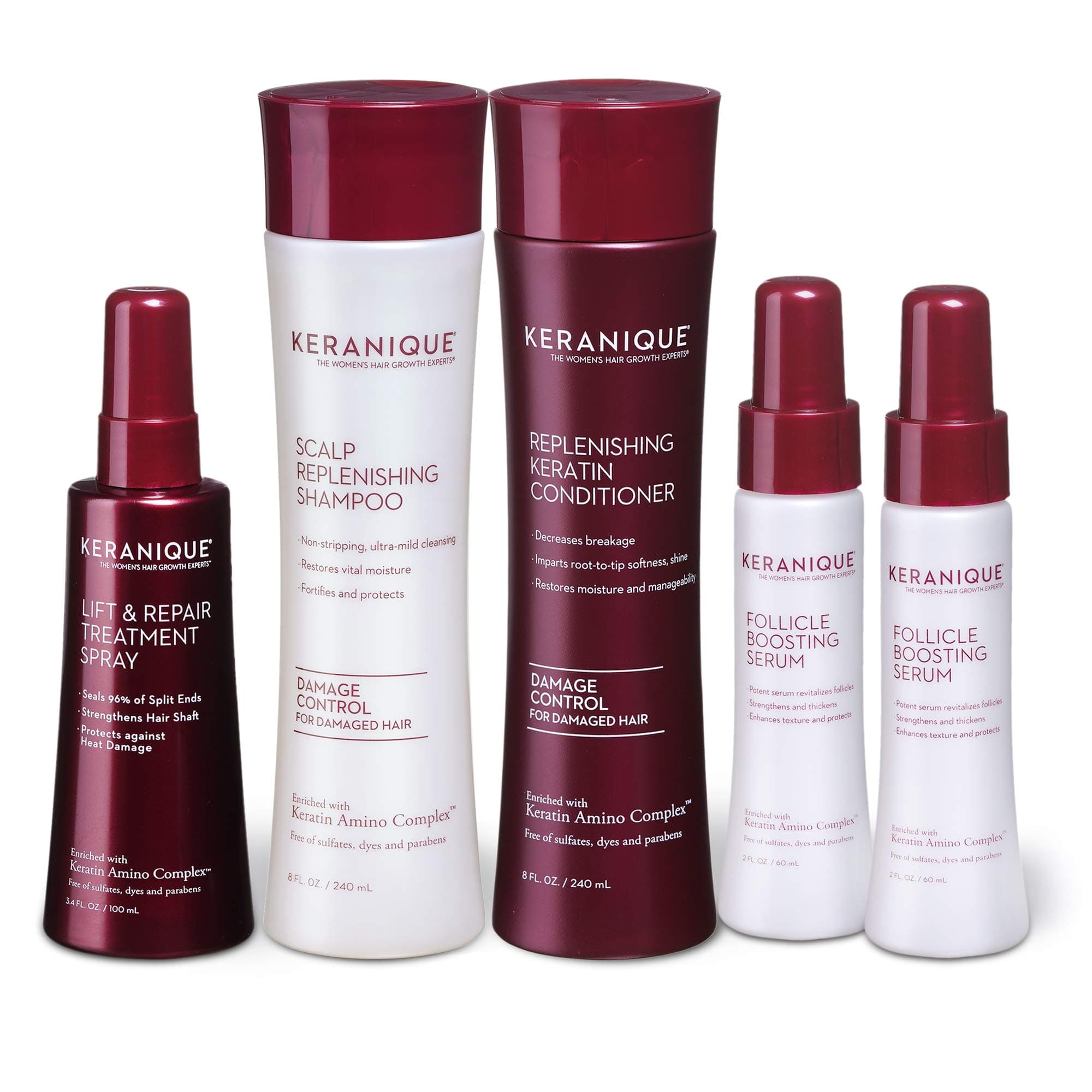 Keranique Damage Control Anti-Hair Loss Kit - includes Hair Growth Shampoo and Conditioner for Damaged Thinning Hair, Lift and Repair Spray, and Fo...