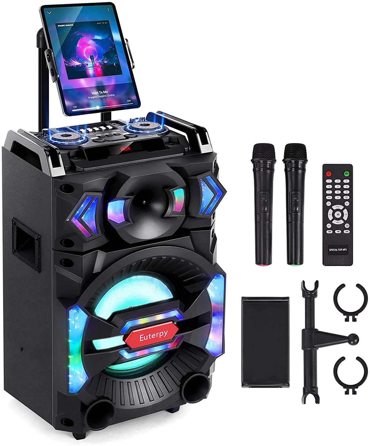 Euterpy Karaoke Machine for Adults, Portable PA System Bluetooth Speaker with 10'' Subwoofer, 2 Wireless Microphones+DJ Light+iPad Stand, f...
