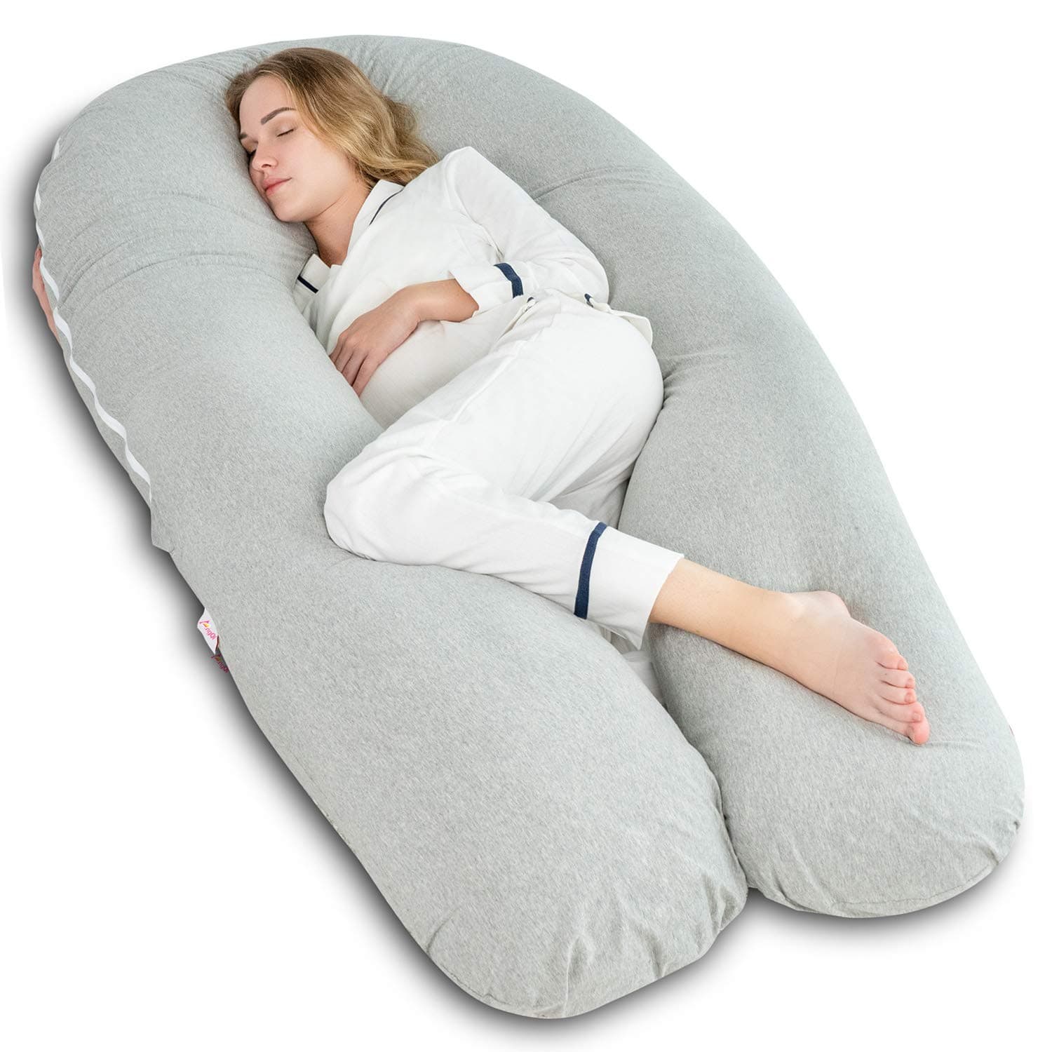 AngQi 65-inch Full Body Support Pillow with Washable Jersey Cover, U Shaped Pregnancy Pillow, Gray