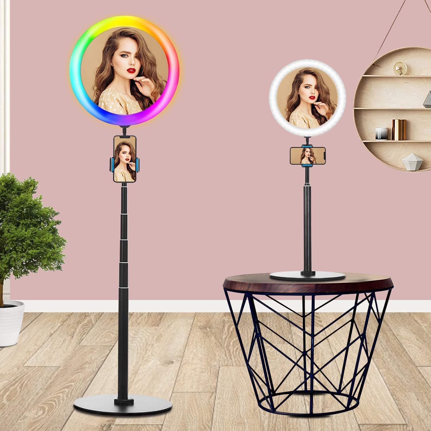 10.2" Ring Light,Floor Telescopic 27"-75" Height/RGB 9 Color Options/2 Flash Modes/with Makeup Mirror & Cell Phone Holder,for YouTube V...