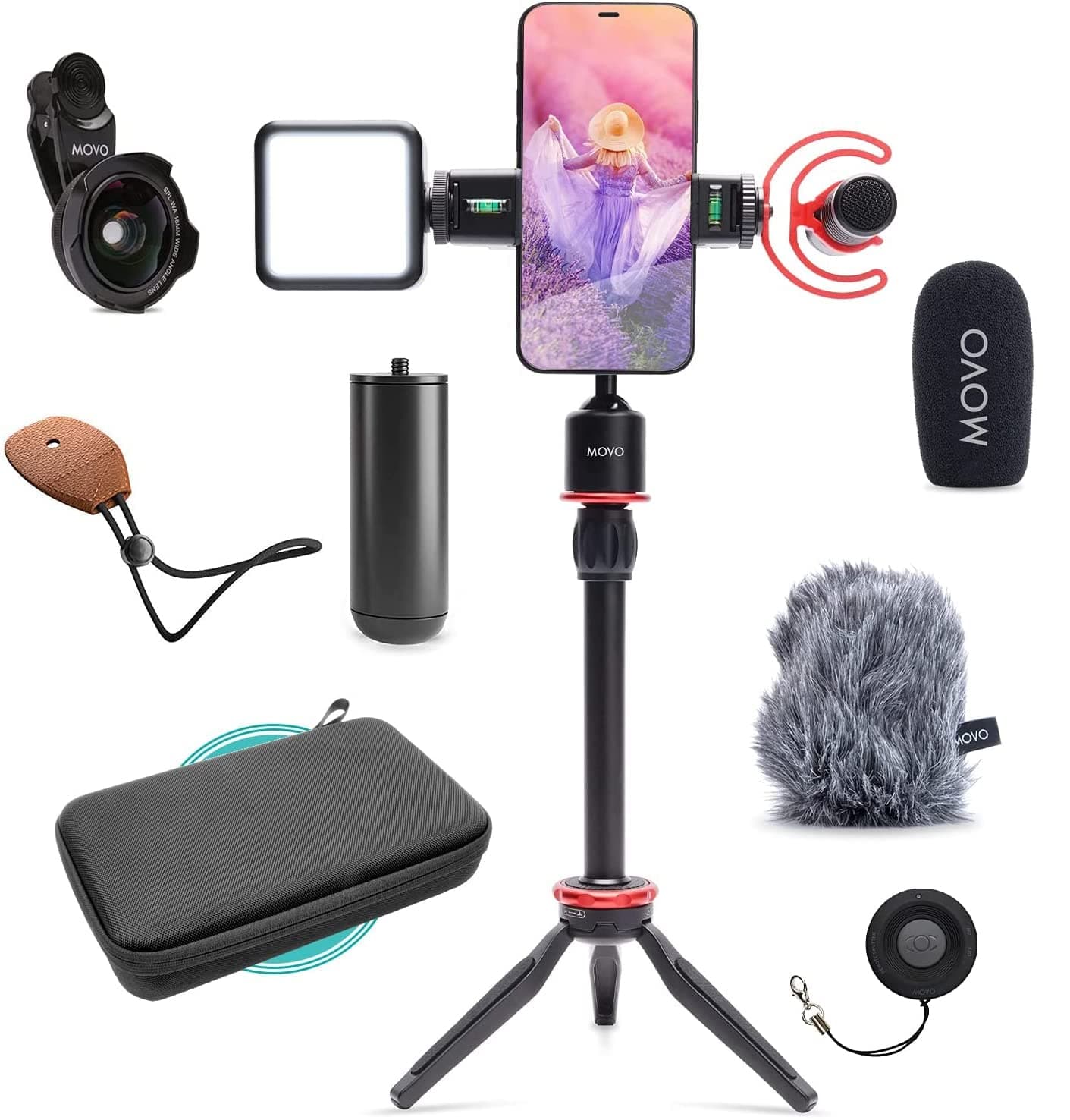 Movo iVlog1 Smartphone Video Vlogging Bundle with Movo VXR10-PRO Directional Microphone, Mini Tripod, LED Camera Light, Wide-Angle Lens External Mi...