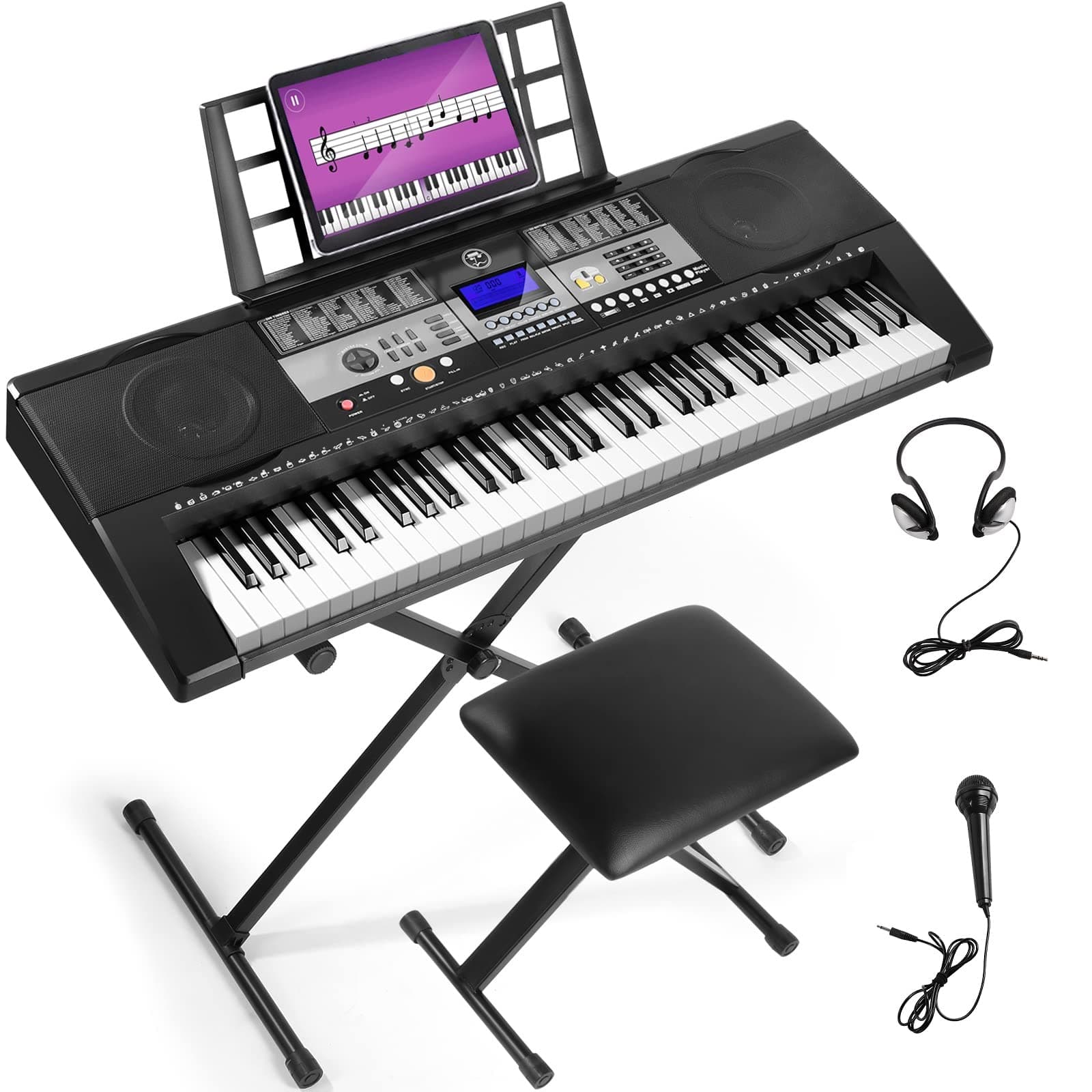 MUSTAR 61 Key Piano Keyboard, Portable Touch Sensitive Keyboard Piano for Beginners, Electric Keyboards Piano with Stand, LCD Display, Bench, Headp...
