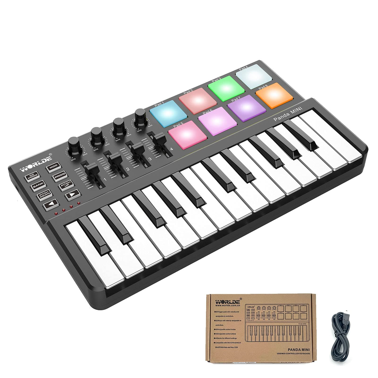 Midi Controller,25 Keys USB Midi Keyboard Controller with 8 Drum Pad Beat Maker，LIEKE PANDA MINI