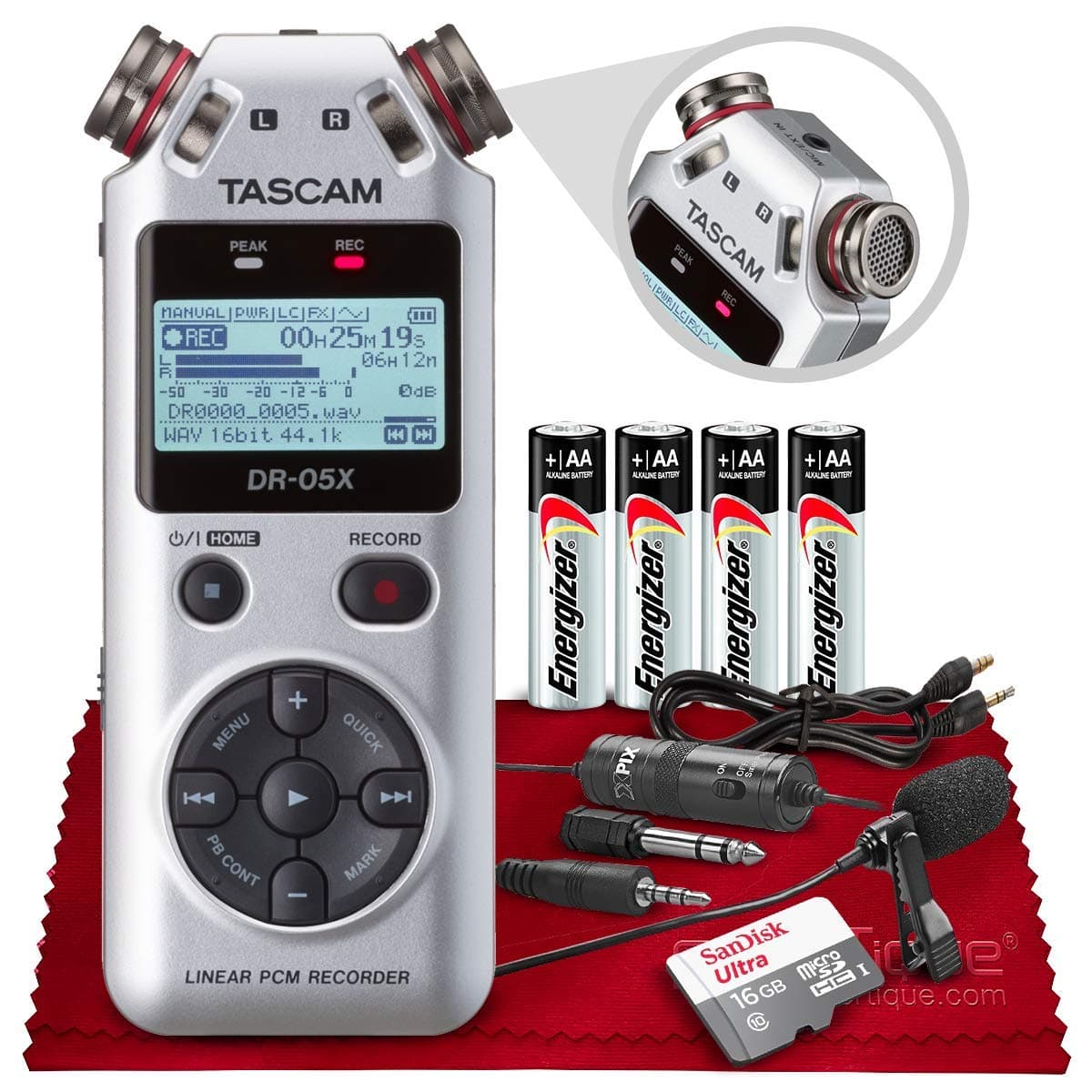 Tascam DR-05X 2-Input / 2-Track Portable Stereo Handheld Digital Audio Recorder w/USB Audio Interface (Silver) + 16GB SD Card, Xpix Lav Microphone,...