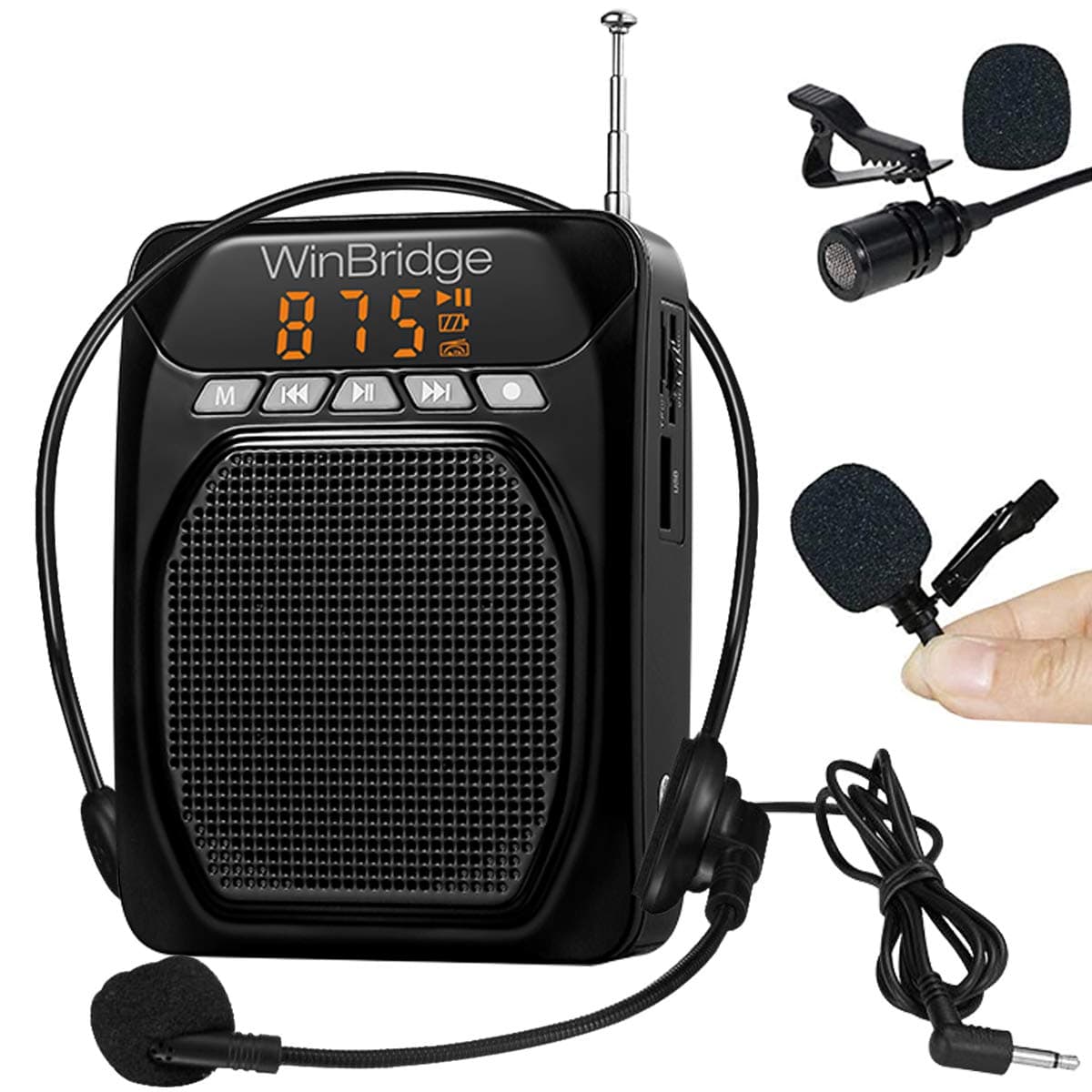 WinBridge Voice Amplifier for Teachers Speaker Bluetooth Portable with Lavalier Lapel Microphone Click On and Headset Microphone, Personal PA Syste...