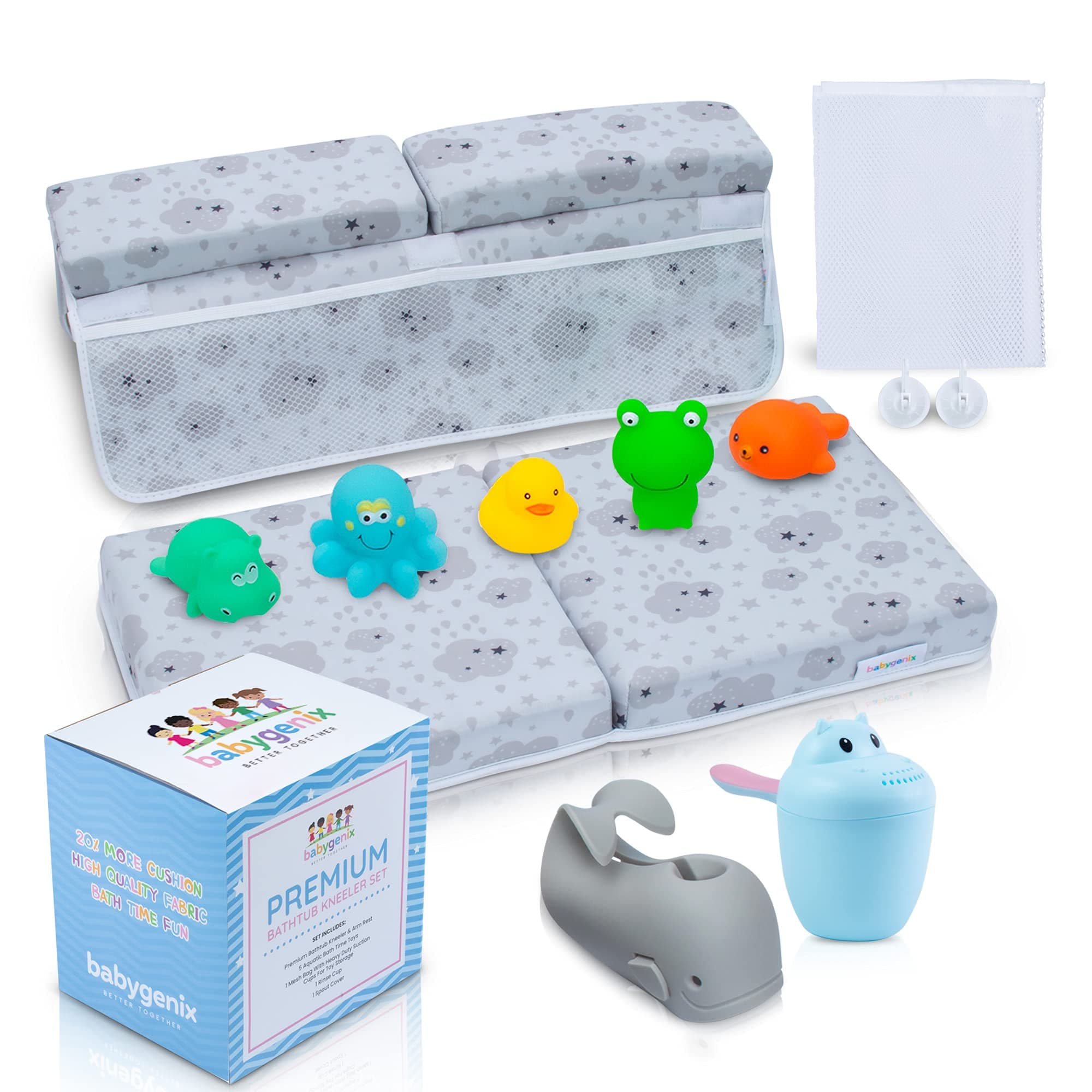Babygenix Bath Kneeler & Elbow Rest Pad Set - 1.75" Thick Bathtub Kneeler Mat & Arm Rest Cushion with 4 Pockets for Baby Bathing Essentials - I...