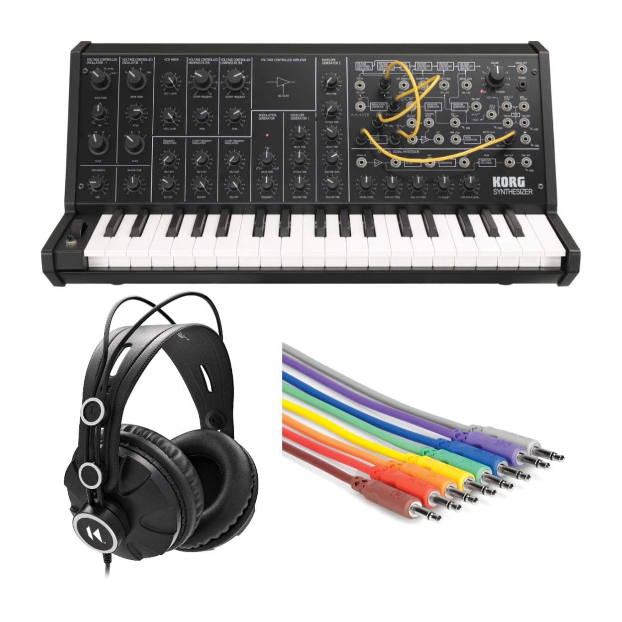 KORG MS-20 Mini Monophonic Semi-Modular Analog Synthesizer Bundle with Knox Gear Closed-Back Headphones & 8-Pack of Hosa CMM-830 3.5mm TS to 3.5mm ...