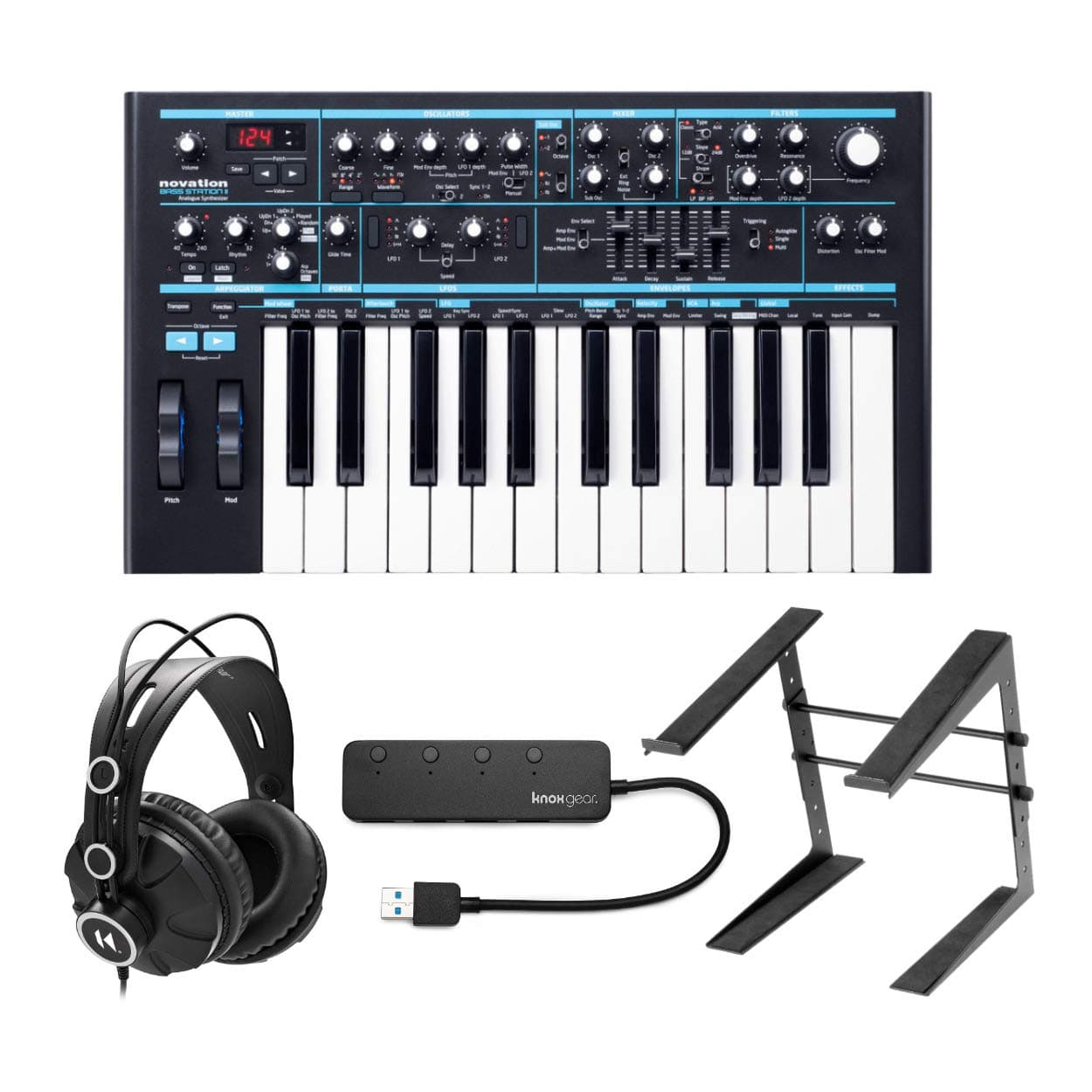 Novation Bass Station II Analog Synthesizer Bundle with Knox Gear Closed-Back Studio Monitor Headphones, Laptop Stand, & Knox Gear 4-Port USB 3.0 Hub
