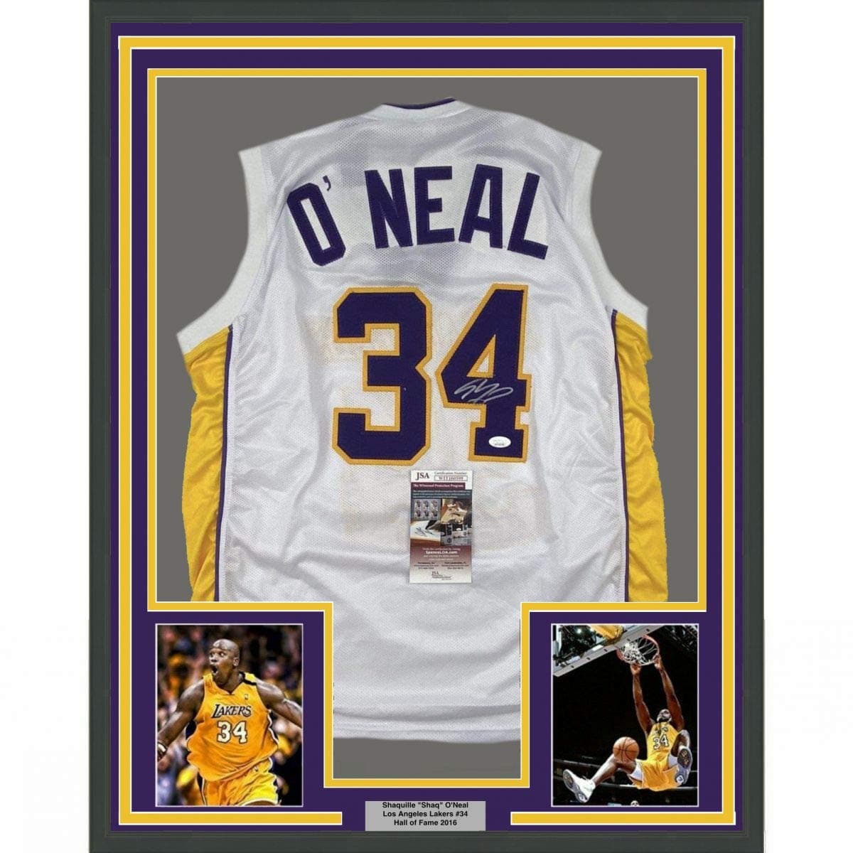 Framed Autographed/Signed Shaquille Shaq O'Neal 33x42 Los Angeles LA White Basketball Jersey JSA COA