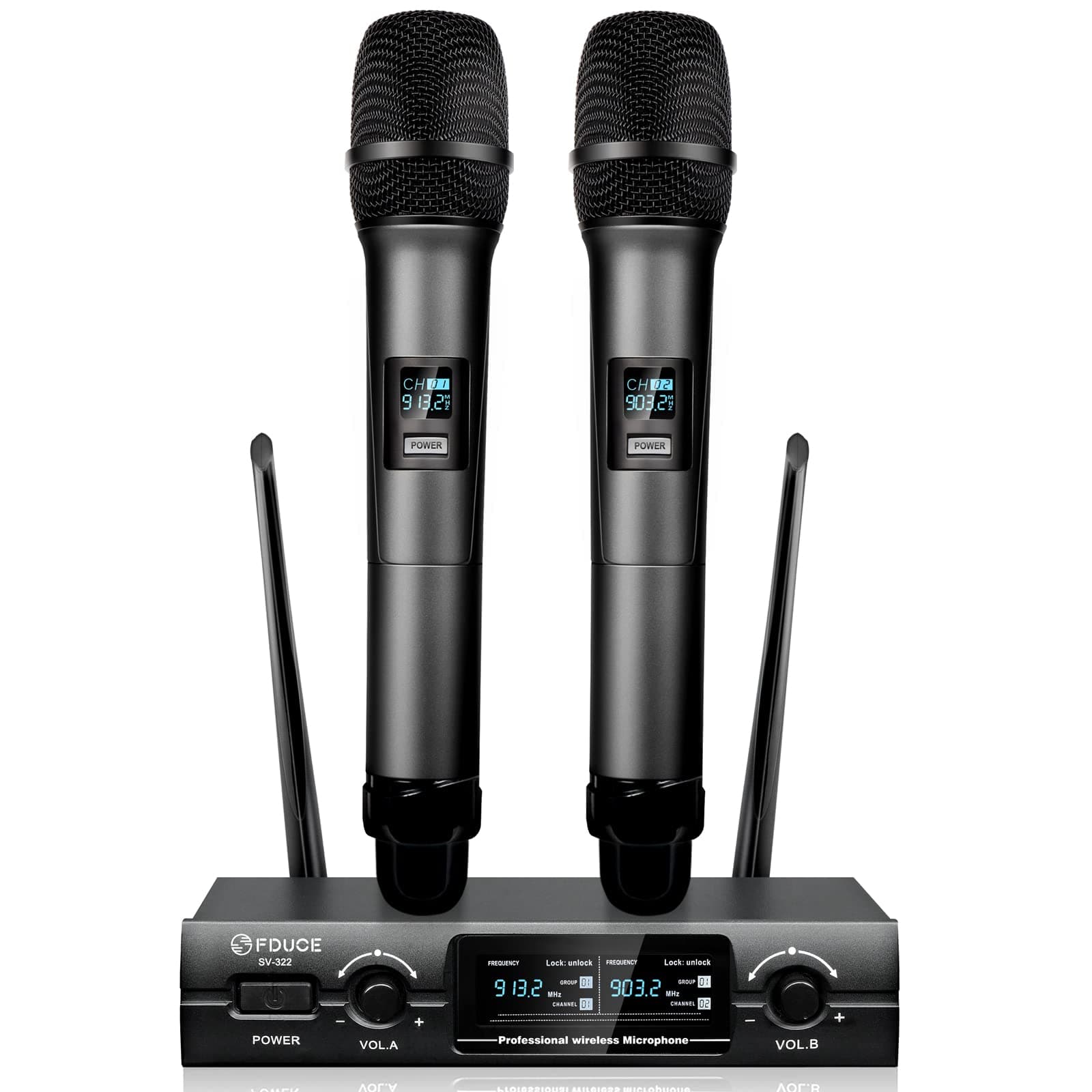 FDUCE Wireless Microphones System, Metal Dual Channel UHF Dynamic Microphone, Cordless Handheld Mics for Party, Home Karaoke, Conference Church, We...