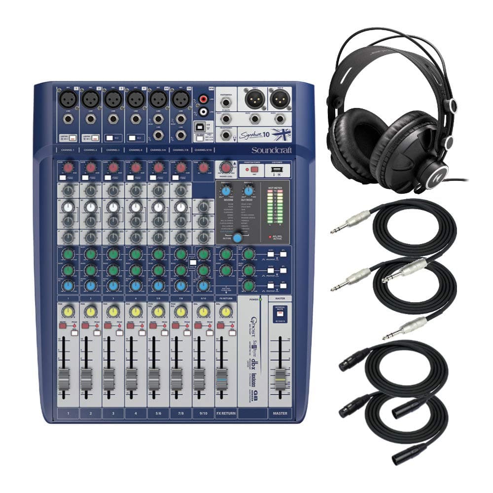 Soundcraft Signature 10 Analog 10-Channel Mixer with Onboard Lexicon Effects Bundle - Includes Knox Gear Closed-Back Studio Monitor Headphones, 1/4...