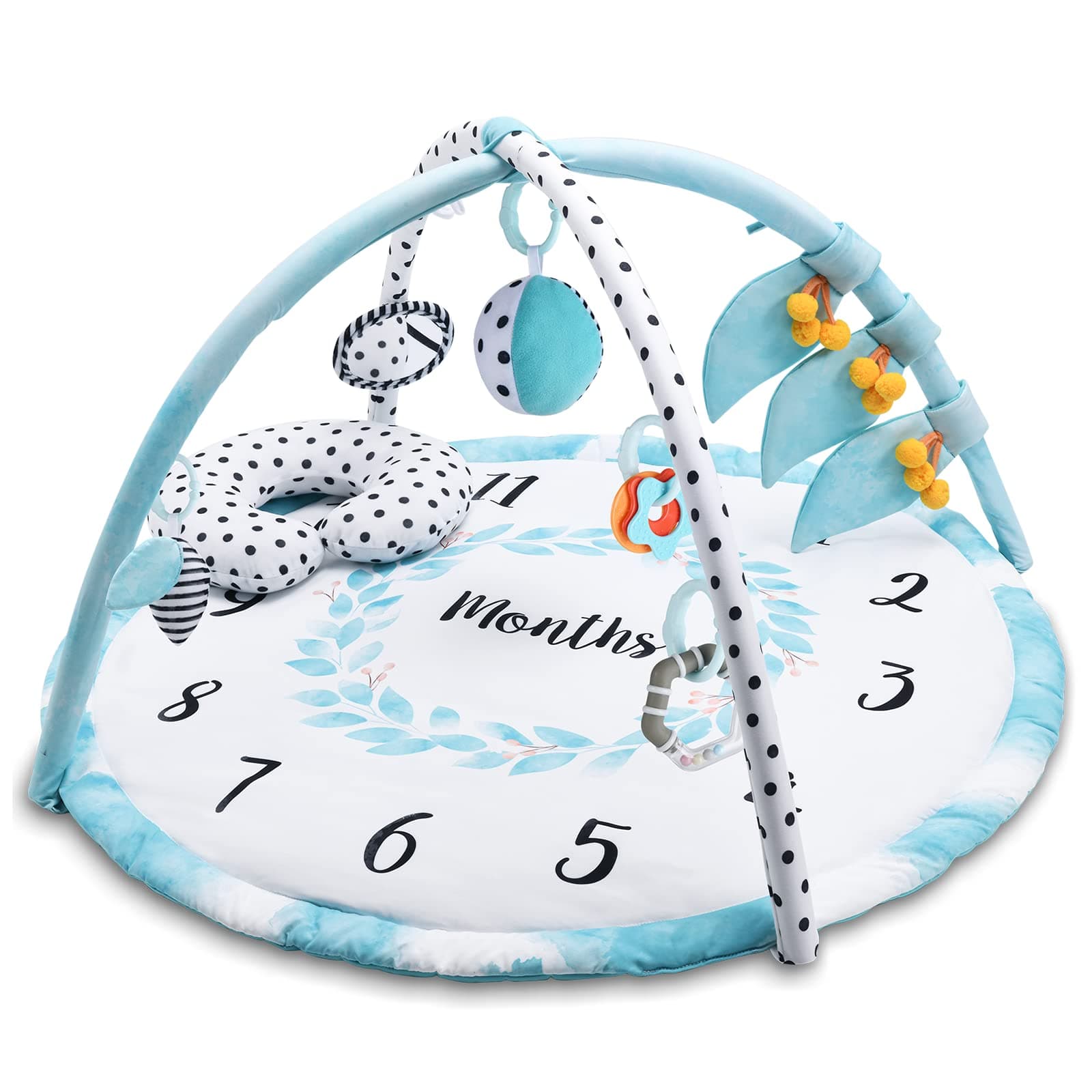 Lupantte Baby Play Gym Activity Mat, Baby Monthly Milestone Gym as Photo Background with 8 Sensory Toys + 1 Neck Cushion Play Gym for Baby's Mu...