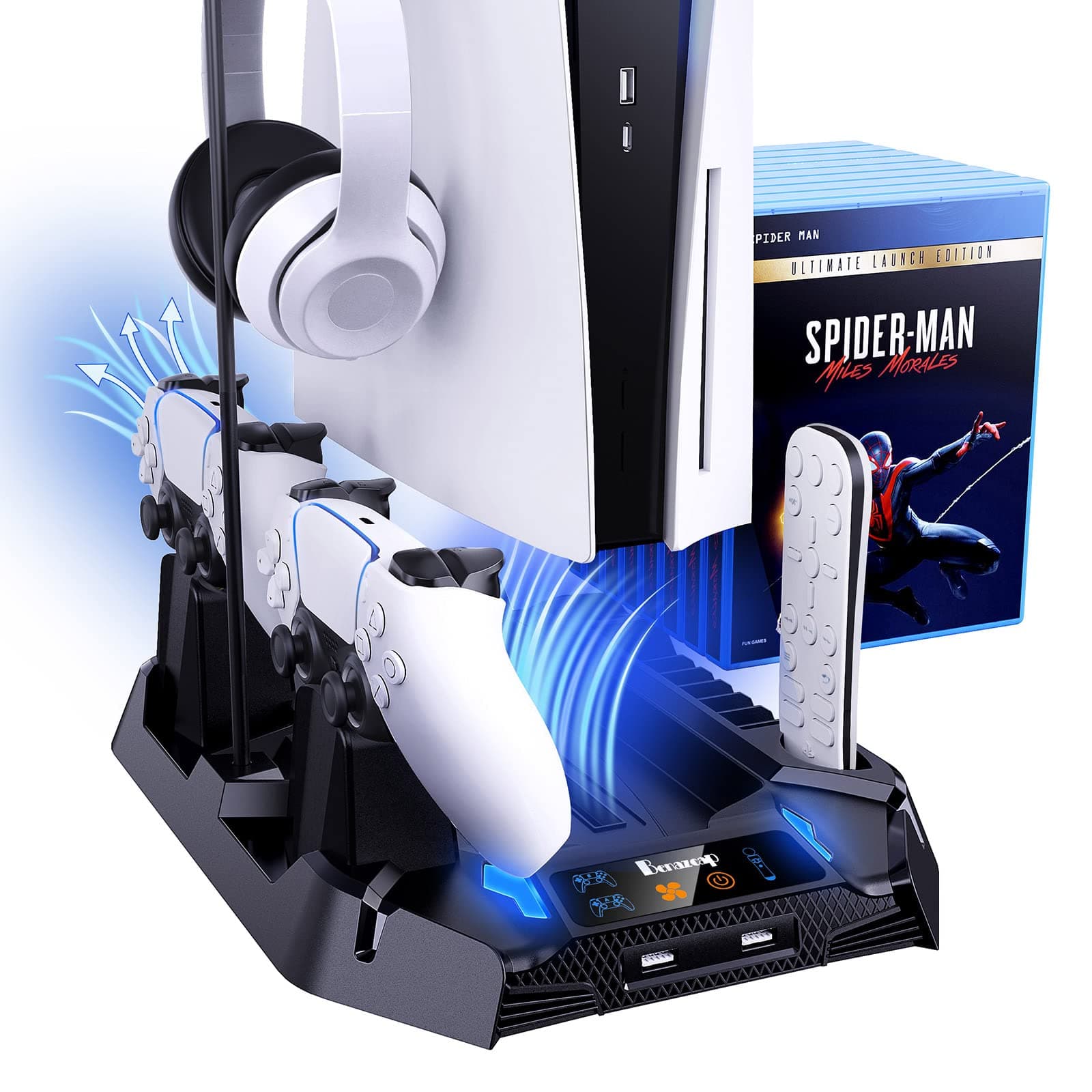 PS5 Stand with Cooling Fan,Dual Controller Charger Station for Playstation 5 Console, Benazcap PS5 Cooling Station Accessories Stand with Headset H...
