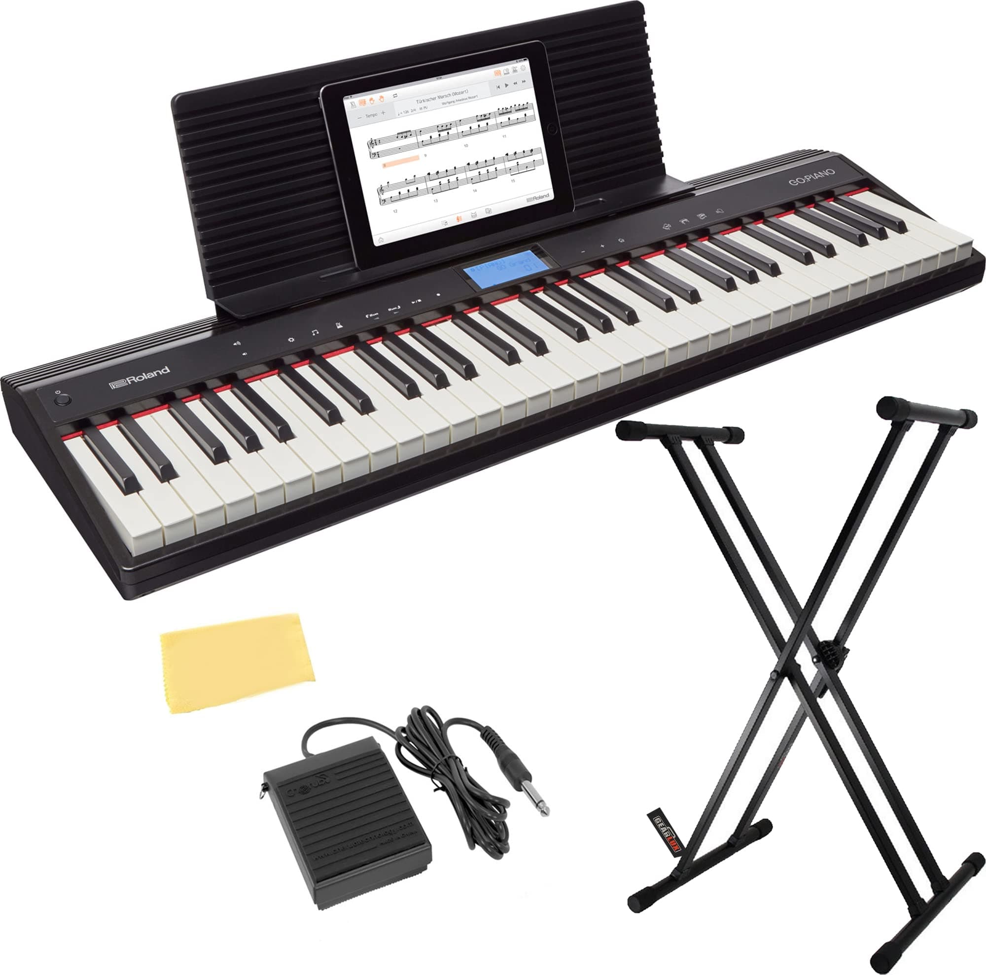 Roland GO:PIANO 61 Key Digital Piano Bundle with Deluxe Sustain Pedal, Adjustable Keyboard Stand, and Austin Bazaar Polishing Cloth